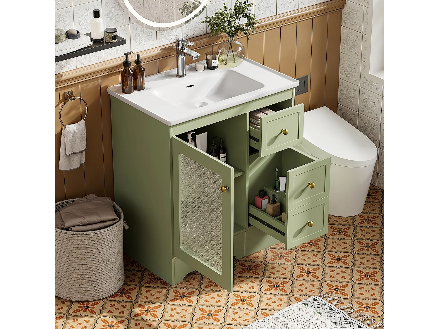 Móvel de lavatório com cuba única em cerâmica lisa - 80 x 50 x 87 cm - com apoio para os pés embutido + LEDs + gavetas + porta - MDF - verde