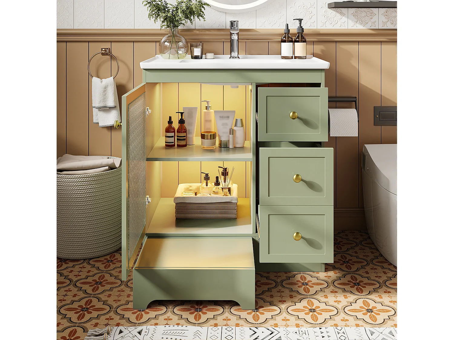 Móvel de lavatório com cuba única em cerâmica lisa - 80 x 50 x 87 cm - com apoio para os pés embutido + LEDs + gavetas + porta - MDF - verde