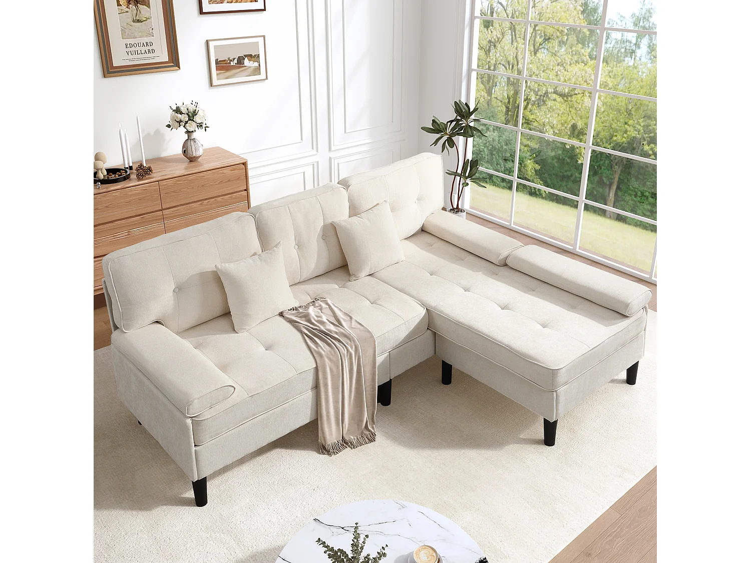 Canapé d'angle 3 places en forme de L - 195 x 149 x 86 cm - avec méridienne + repose-pieds amovible - velours - beige