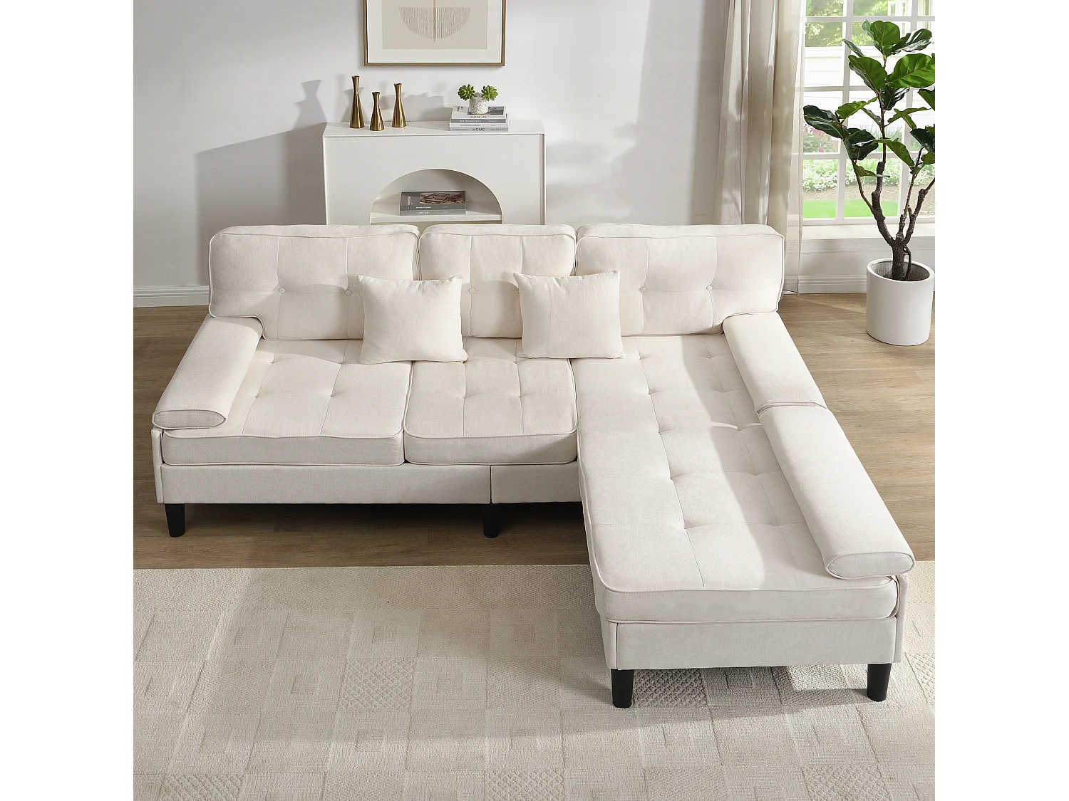 Canapé d'angle 3 places en forme de L - 195 x 149 x 86 cm - avec méridienne + repose-pieds amovible - velours - beige