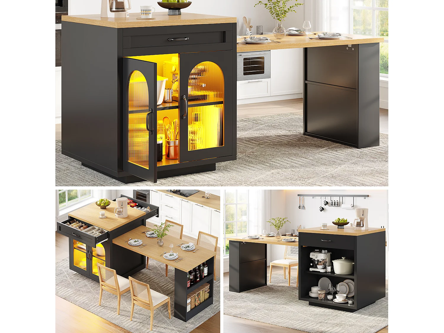Îlot de cuisine extensible - 126-196 x 59 x 94 cm - avec Leds + 2 tiroirs + étagères + portes en verre - MDF - noir