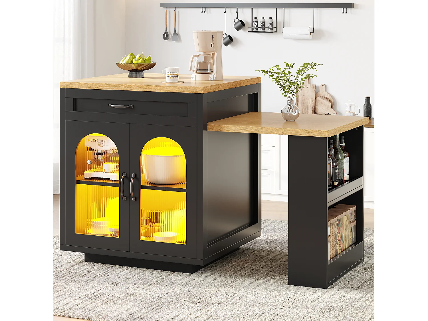 Îlot de cuisine extensible - 126-196 x 59 x 94 cm - avec Leds + 2 tiroirs + étagères + portes en verre - MDF - noir