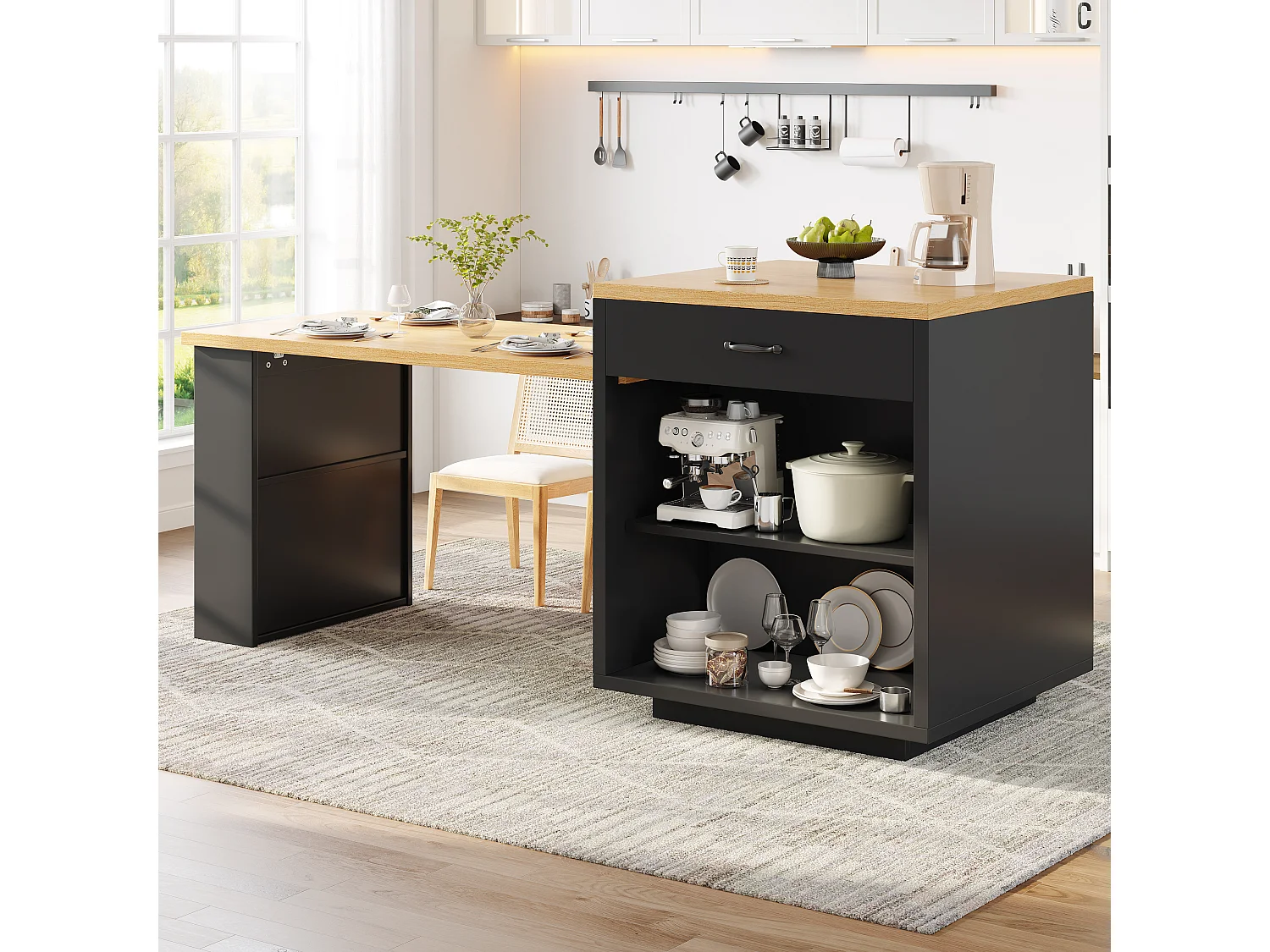 Îlot de cuisine extensible - 126-196 x 59 x 94 cm - avec Leds + 2 tiroirs + étagères + portes en verre - MDF - noir