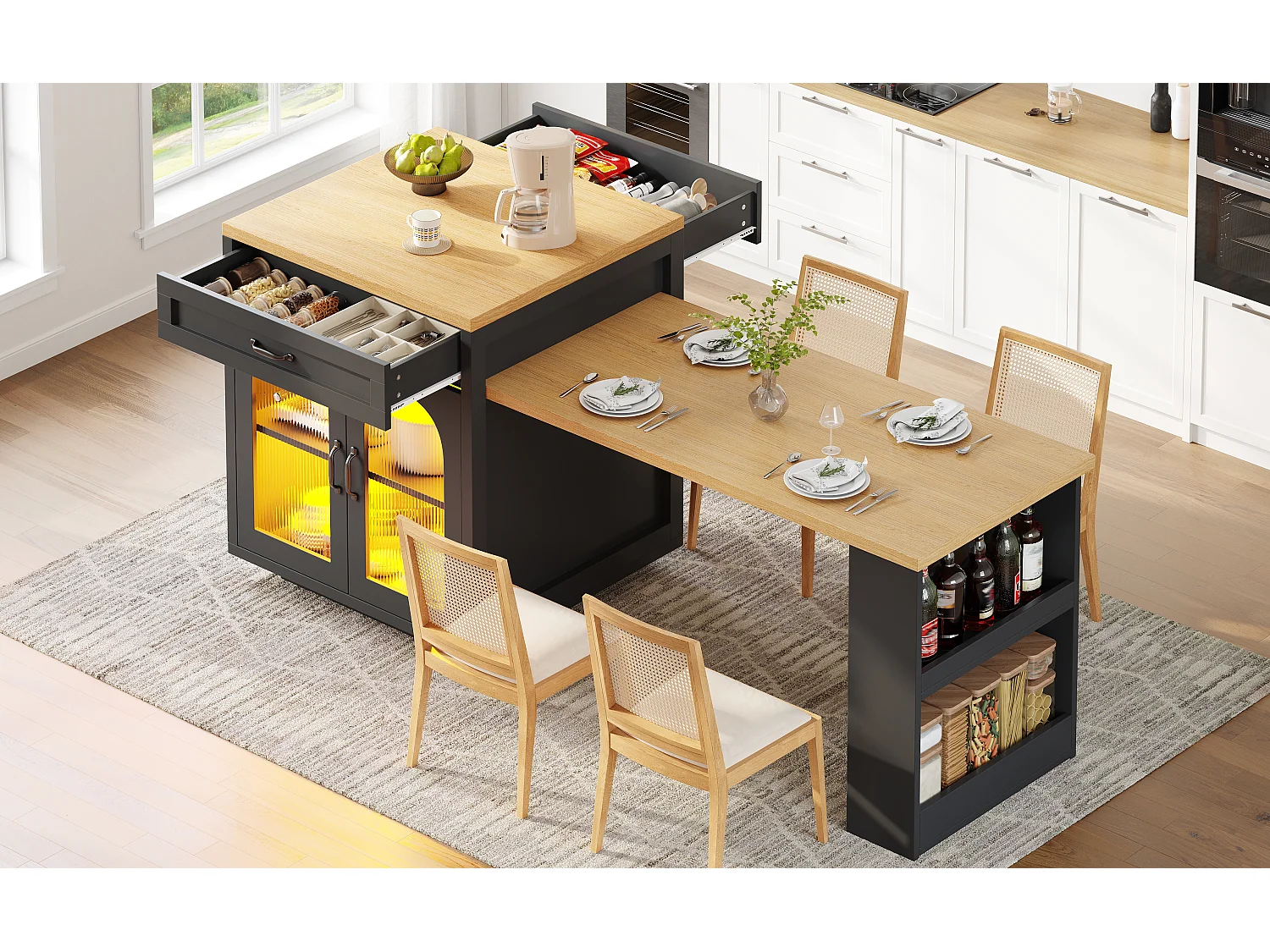 Îlot de cuisine extensible - 126-196 x 59 x 94 cm - avec Leds + 2 tiroirs + étagères + portes en verre - MDF - noir