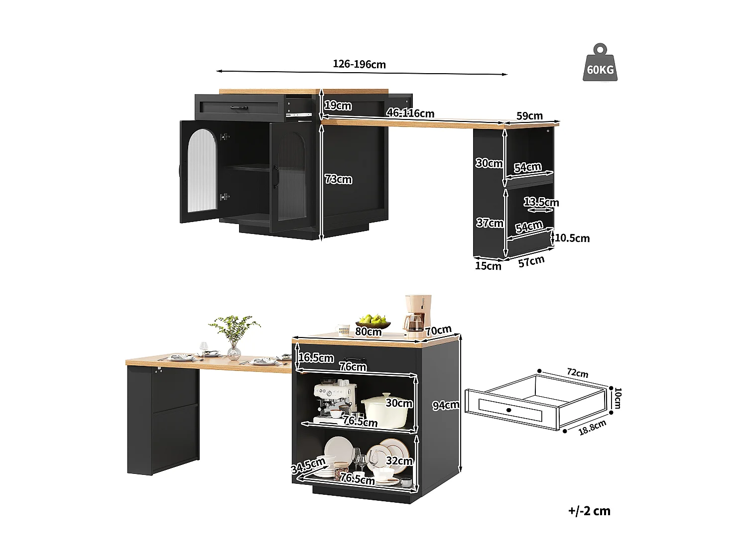 Îlot de cuisine extensible - 126-196 x 59 x 94 cm - avec Leds + 2 tiroirs + étagères + portes en verre - MDF - noir