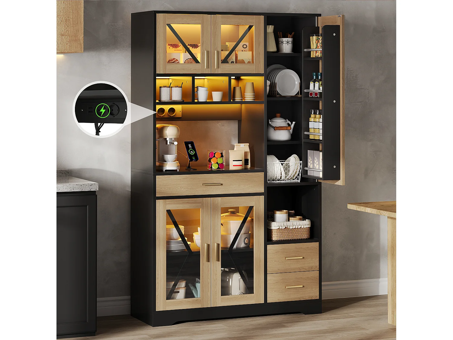 Buffet de cuisine hayt de style grange - 105 x 40 x 185 cm - avec étagères + tiroirs + Leds + portes - MDF - noir + naturel