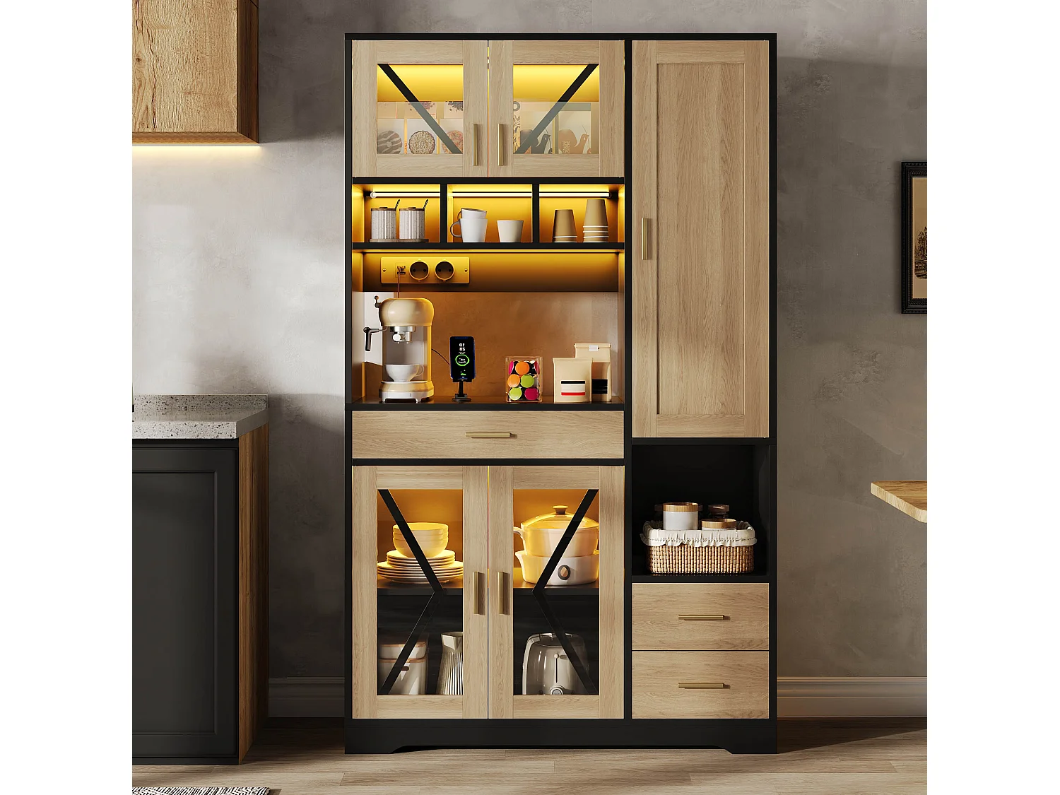 Buffet de cuisine hayt de style grange - 105 x 40 x 185 cm - avec étagères + tiroirs + Leds + portes - MDF - noir + naturel
