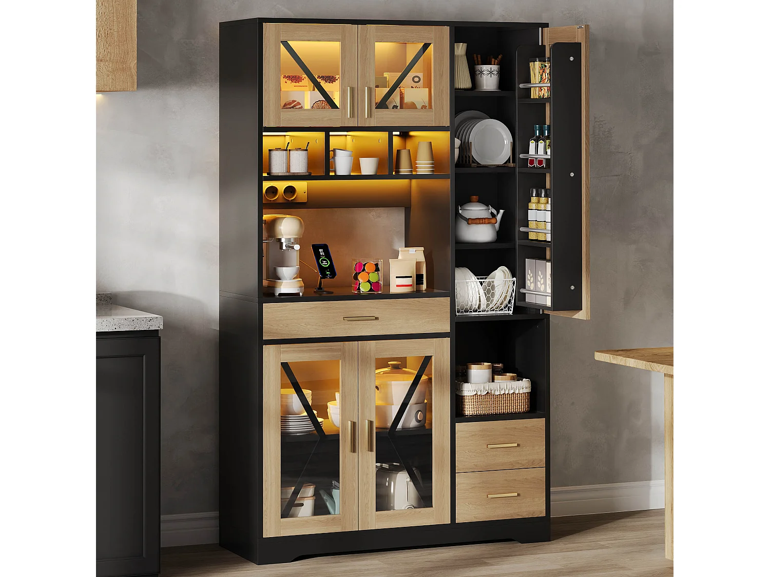 Buffet de cuisine hayt de style grange - 105 x 40 x 185 cm - avec étagères + tiroirs + Leds + portes - MDF - noir + naturel
