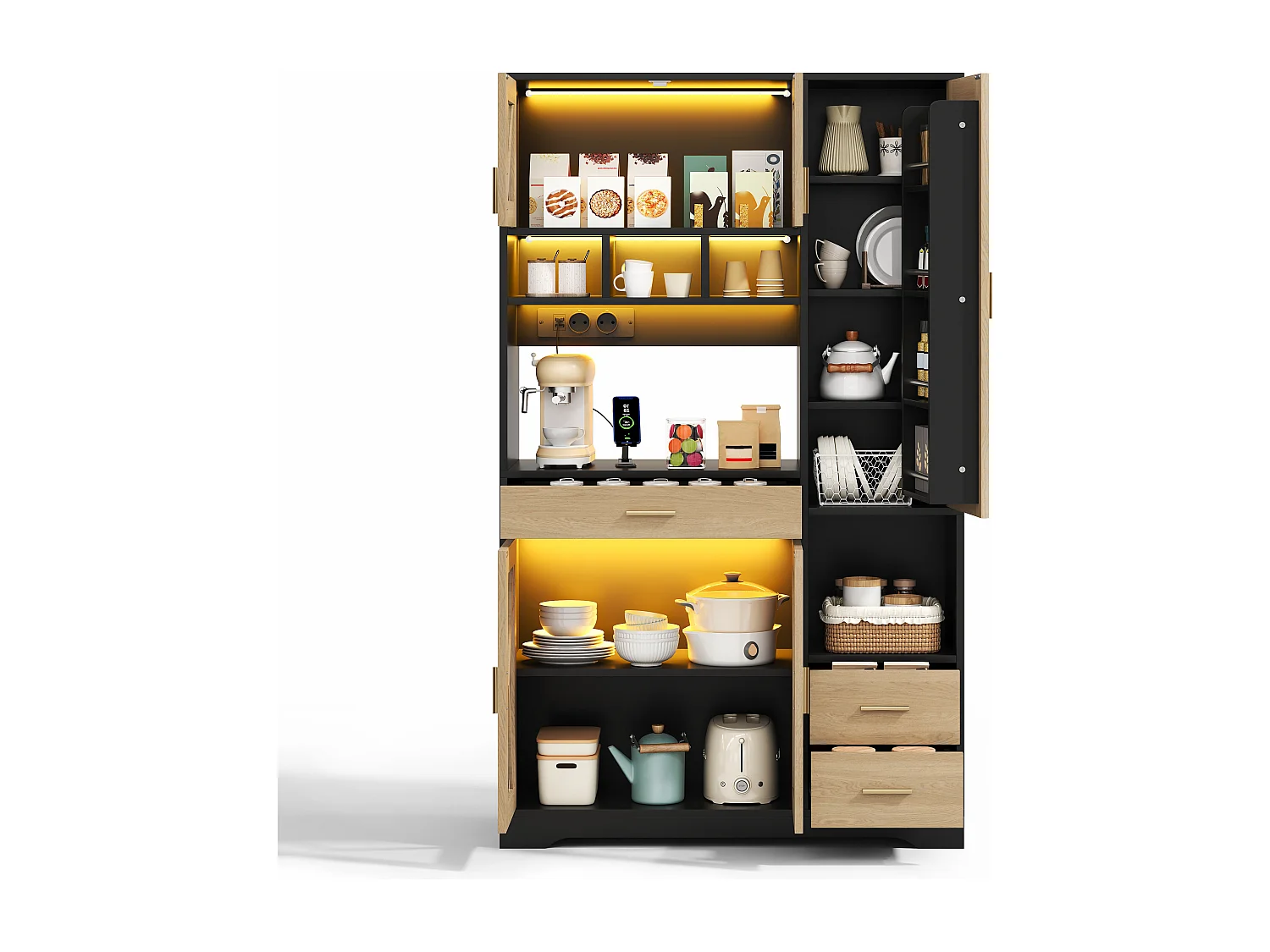Buffet de cuisine hayt de style grange - 105 x 40 x 185 cm - avec étagères + tiroirs + Leds + portes - MDF - noir + naturel