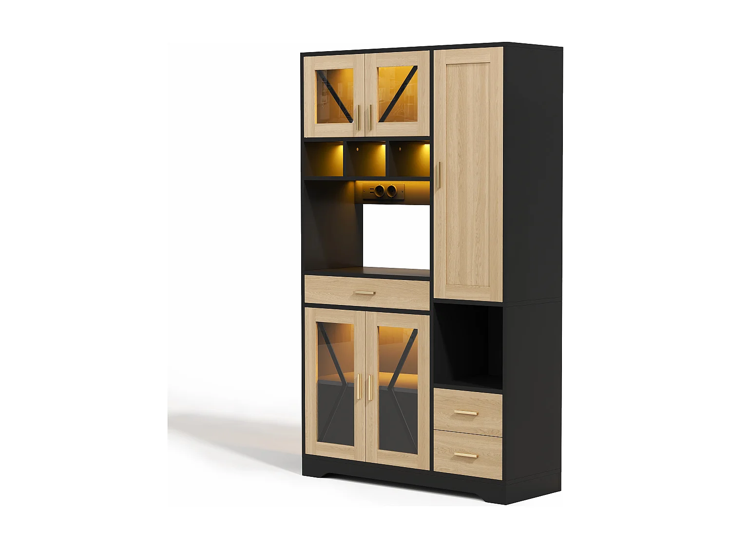 Buffet de cuisine hayt de style grange - 105 x 40 x 185 cm - avec étagères + tiroirs + Leds + portes - MDF - noir + naturel