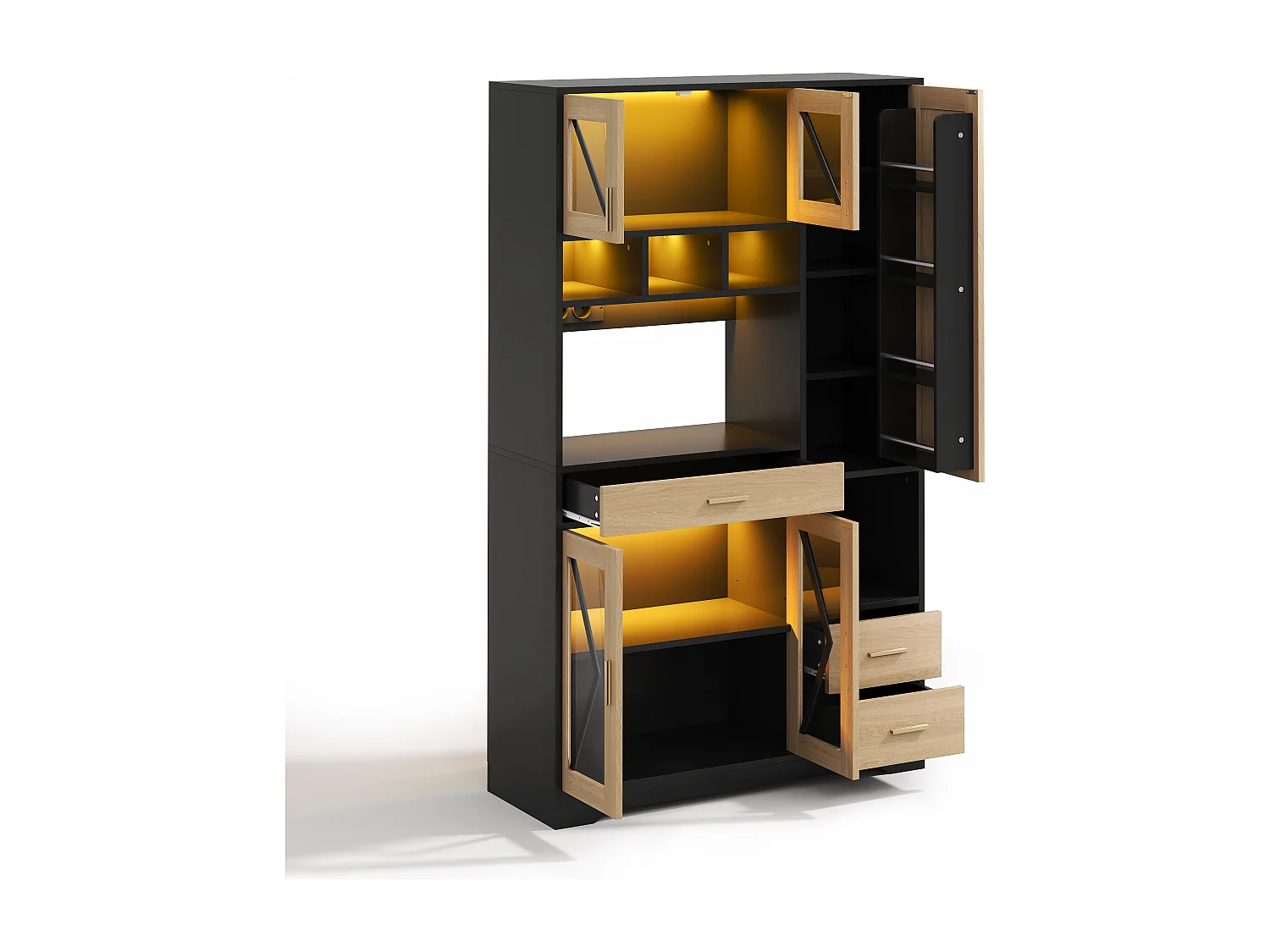 Buffet de cuisine hayt de style grange - 105 x 40 x 185 cm - avec étagères + tiroirs + Leds + portes - MDF - noir + naturel