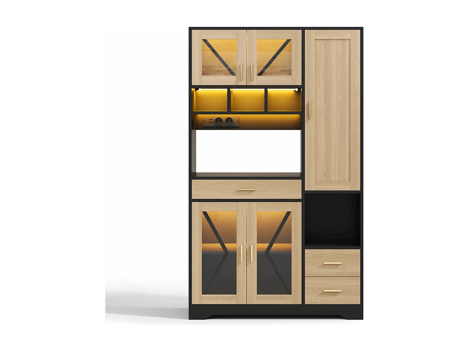 Buffet de cuisine hayt de style grange - 105 x 40 x 185 cm - avec étagères + tiroirs + Leds + portes - MDF - noir + naturel