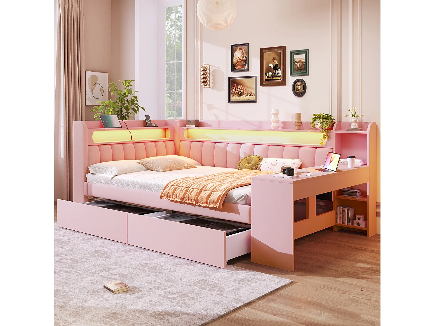 Lit de jour capitonné pour enfant - 140 x 200 cm - avec USB + Leds + bureau + 2 tiroirs - MDF - rose