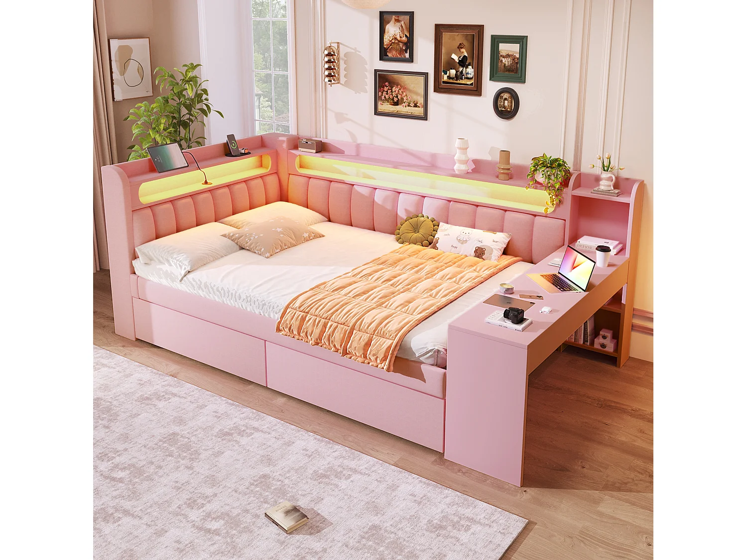 Lit de jour capitonné pour enfant - 140 x 200 cm - avec USB + Leds + bureau + 2 tiroirs - MDF - rose