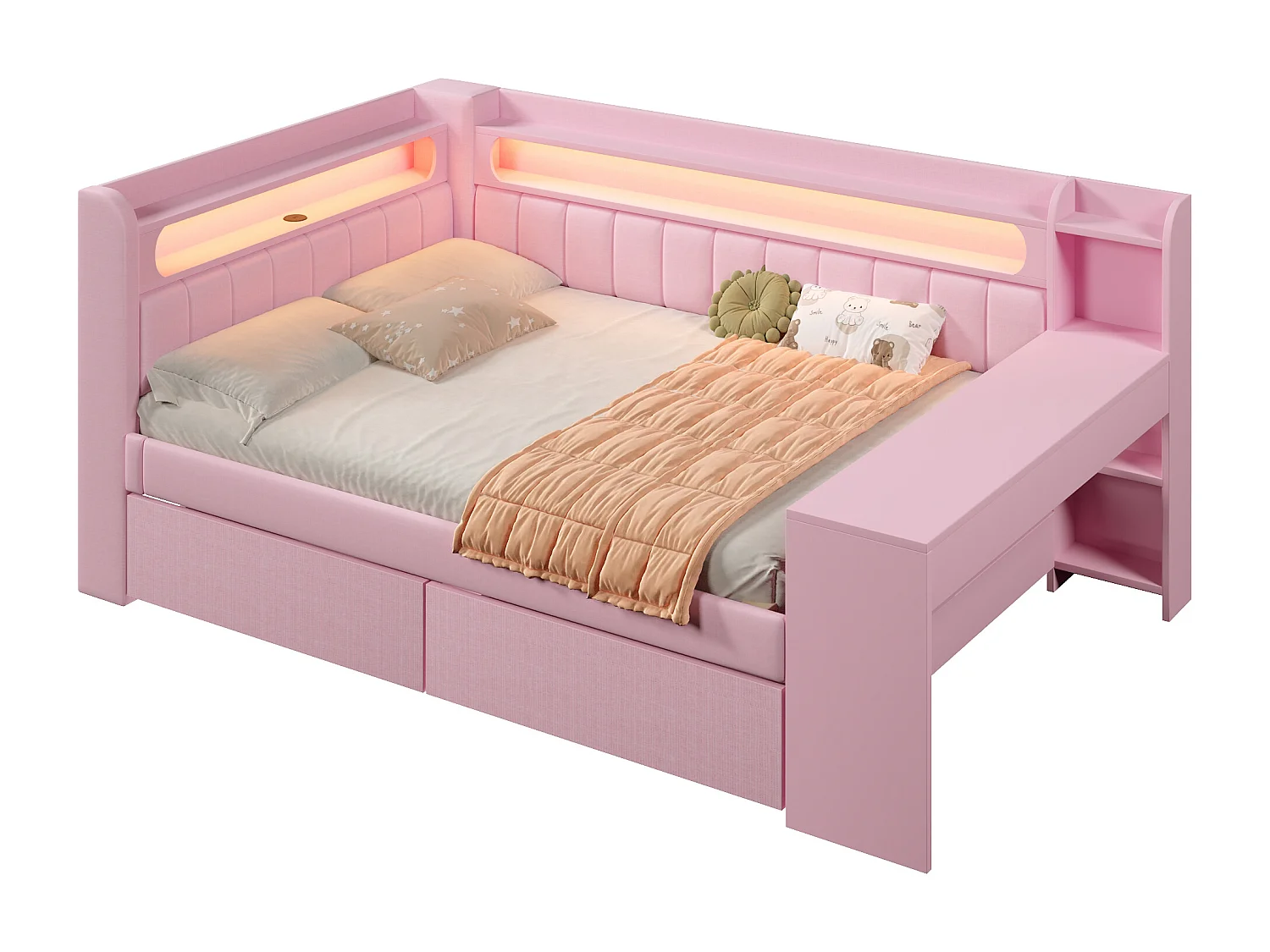 Lit de jour capitonné pour enfant - 140 x 200 cm - avec USB + Leds + bureau + 2 tiroirs - MDF - rose
