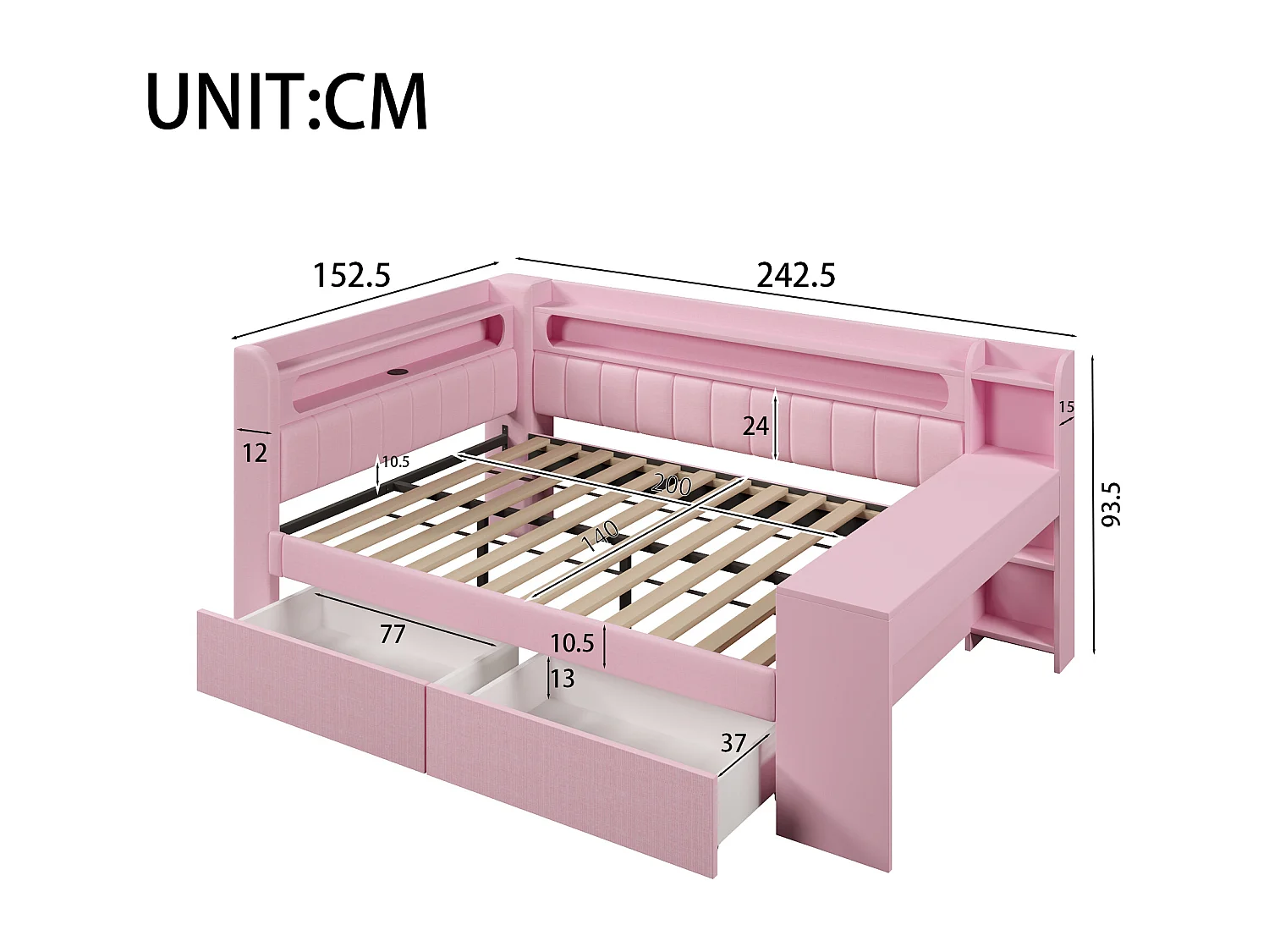 Lit de jour capitonné pour enfant - 140 x 200 cm - avec USB + Leds + bureau + 2 tiroirs - MDF - rose