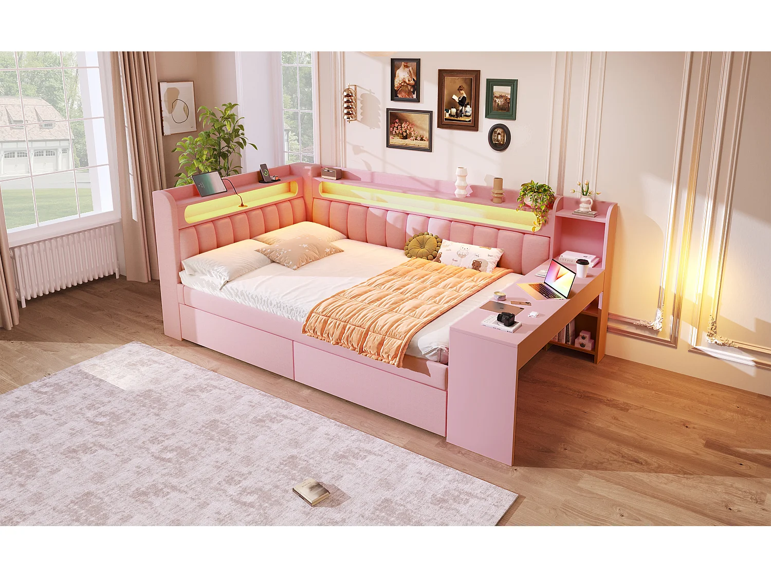 Lit de jour capitonné pour enfant - 140 x 200 cm - avec USB + Leds + bureau + 2 tiroirs - MDF - rose