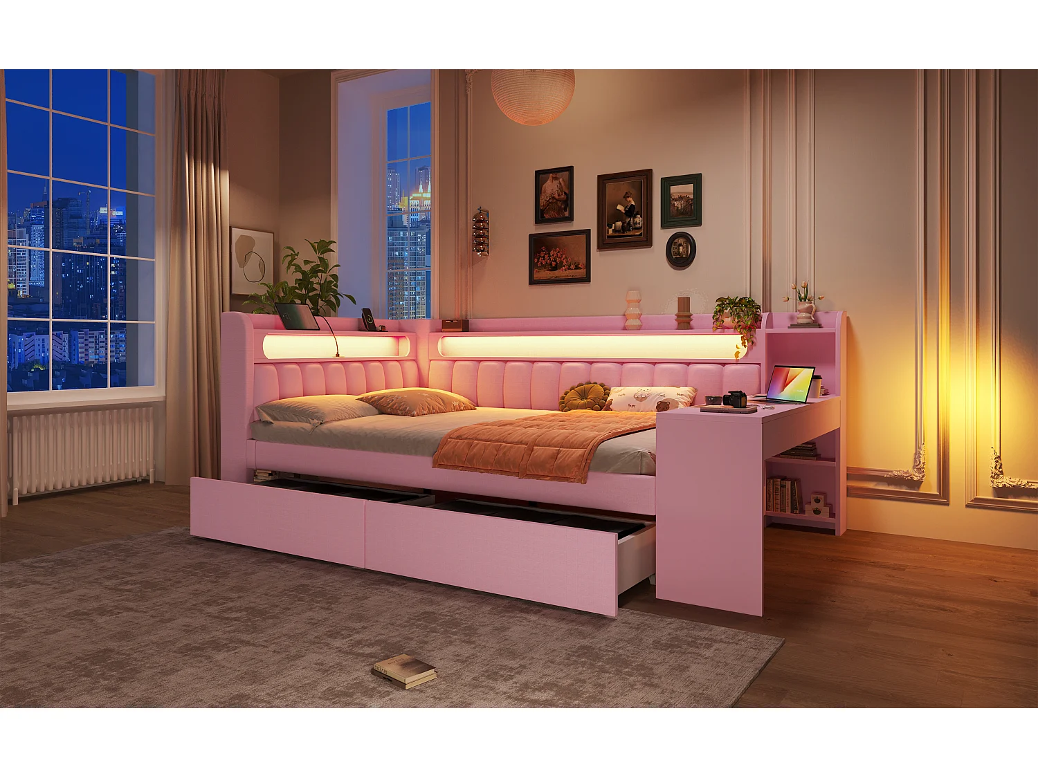 Lit de jour capitonné pour enfant - 140 x 200 cm - avec USB + Leds + bureau + 2 tiroirs - MDF - rose