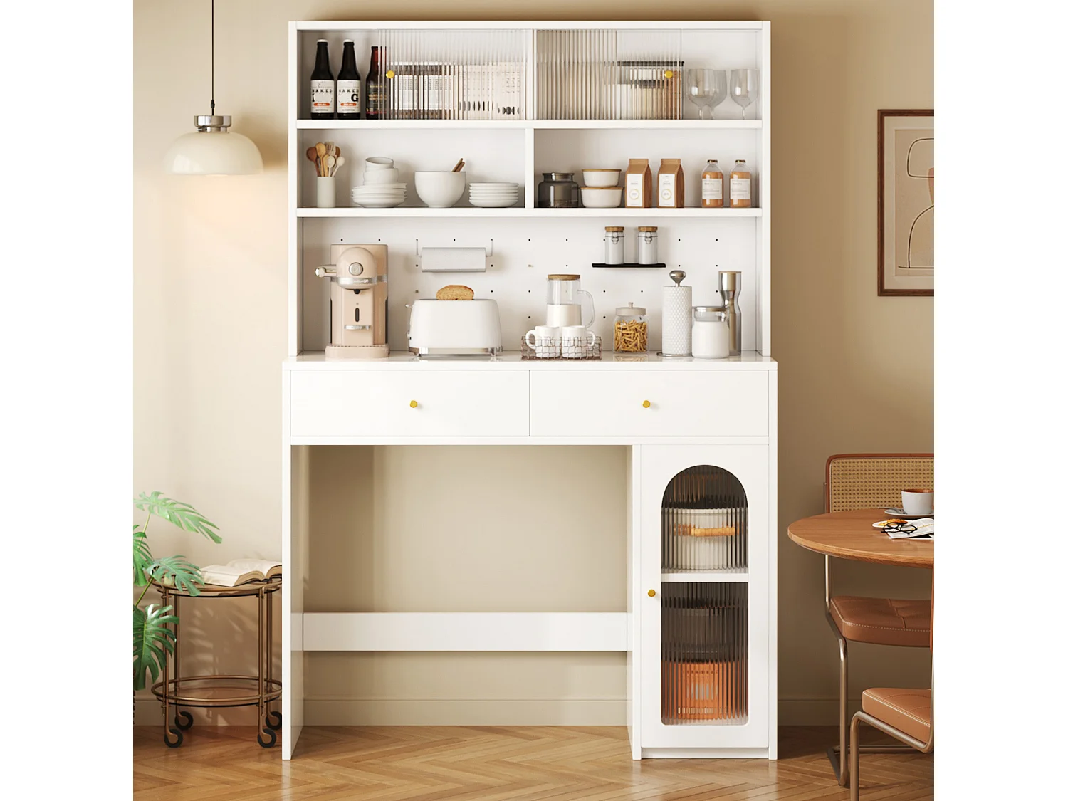 Aparador de cozinha moderno - 120 x 45 x 180 cm - com 2 gavetas + prateleira ajustável + porta - MDF - branco