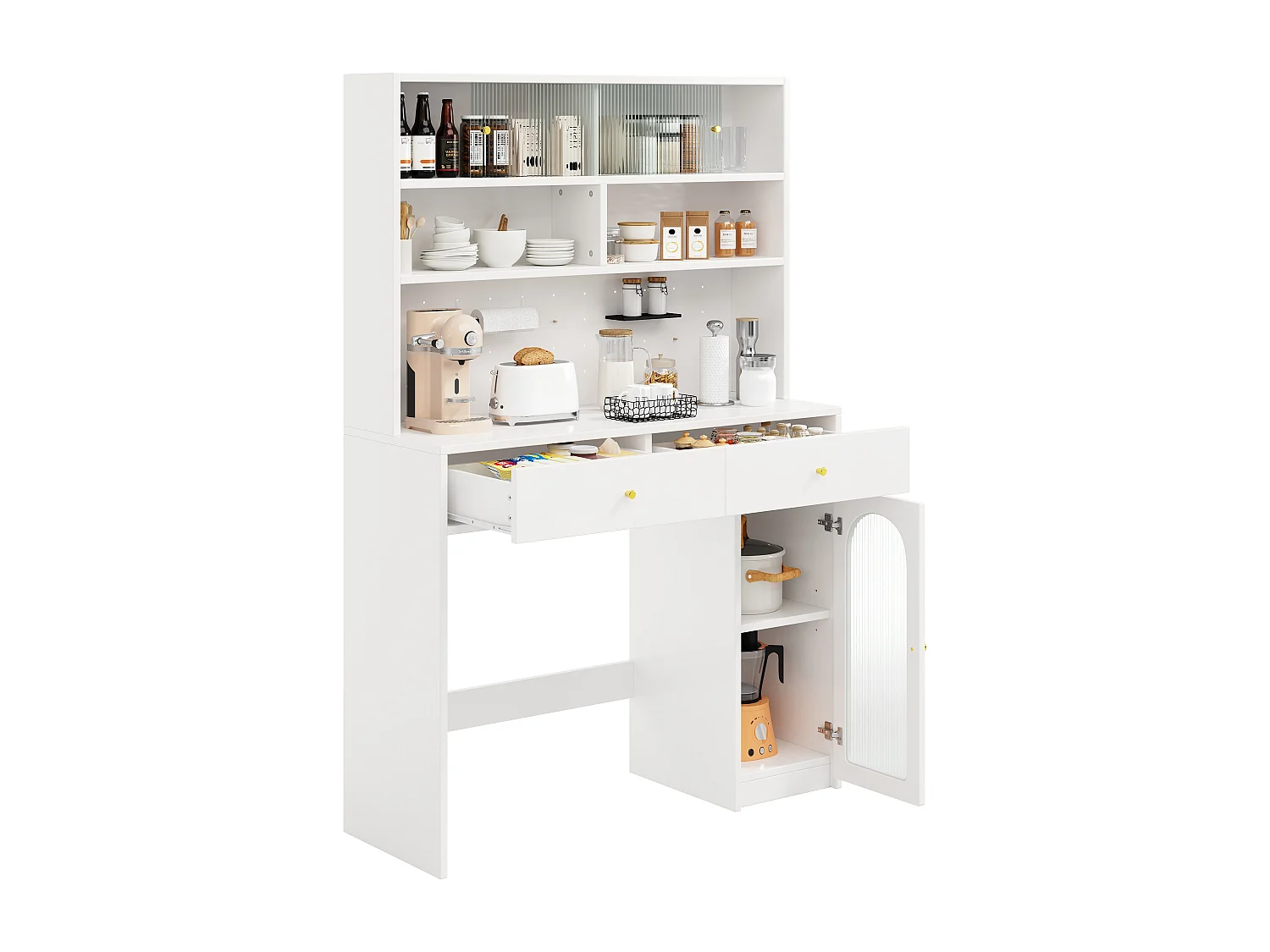 Aparador de cozinha moderno - 120 x 45 x 180 cm - com 2 gavetas + prateleira ajustável + porta - MDF - branco