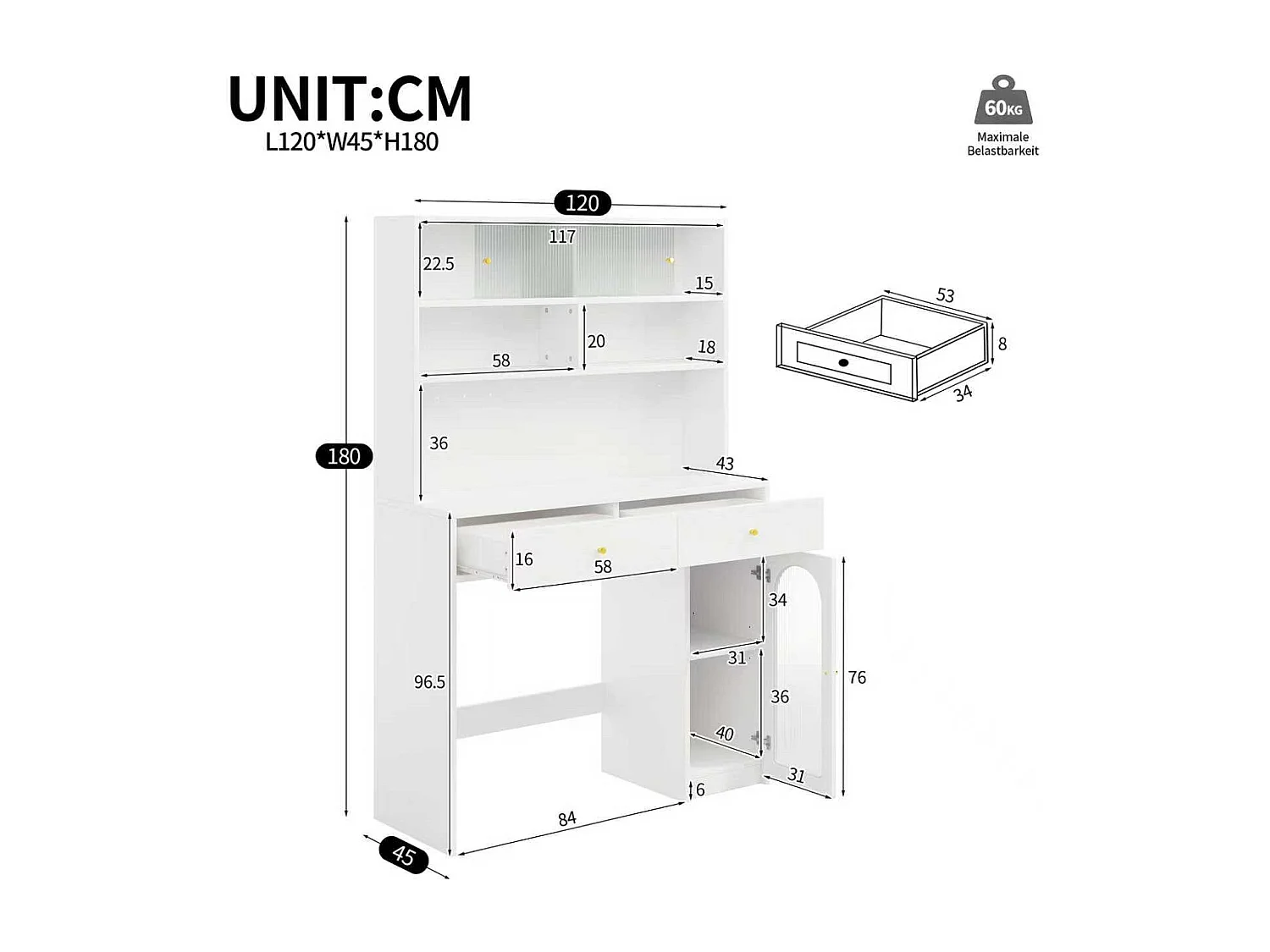 Aparador de cozinha moderno - 120 x 45 x 180 cm - com 2 gavetas + prateleira ajustável + porta - MDF - branco