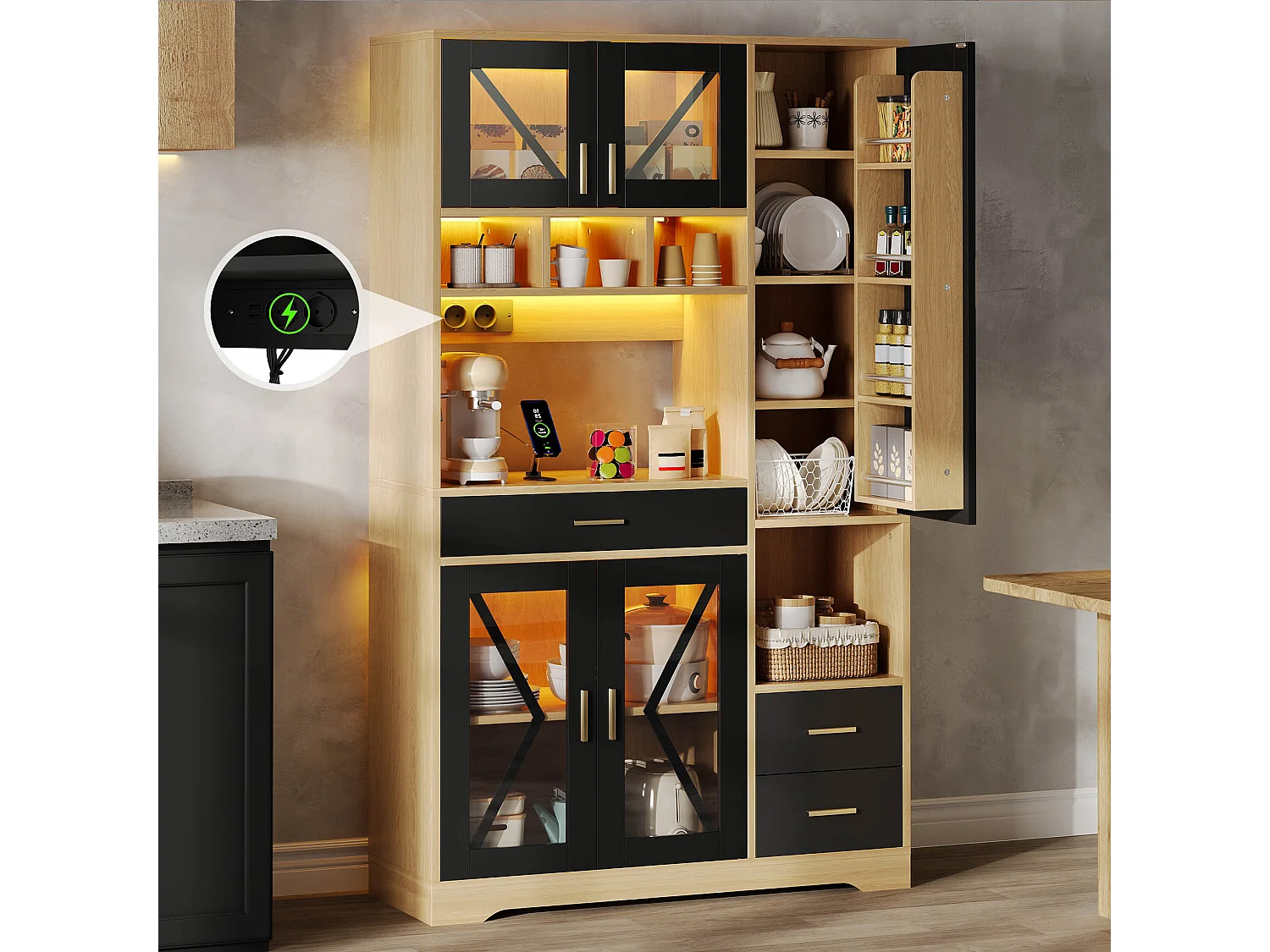 Buffet de cuisine hayt de style grange - 105 x 40 x 185 cm - avec étagères + tiroirs + Leds + portes - MDF - noir + naturel