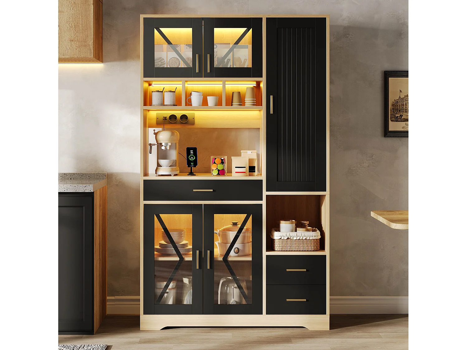 Buffet de cuisine hayt de style grange - 105 x 40 x 185 cm - avec étagères + tiroirs + Leds + portes - MDF - noir + naturel