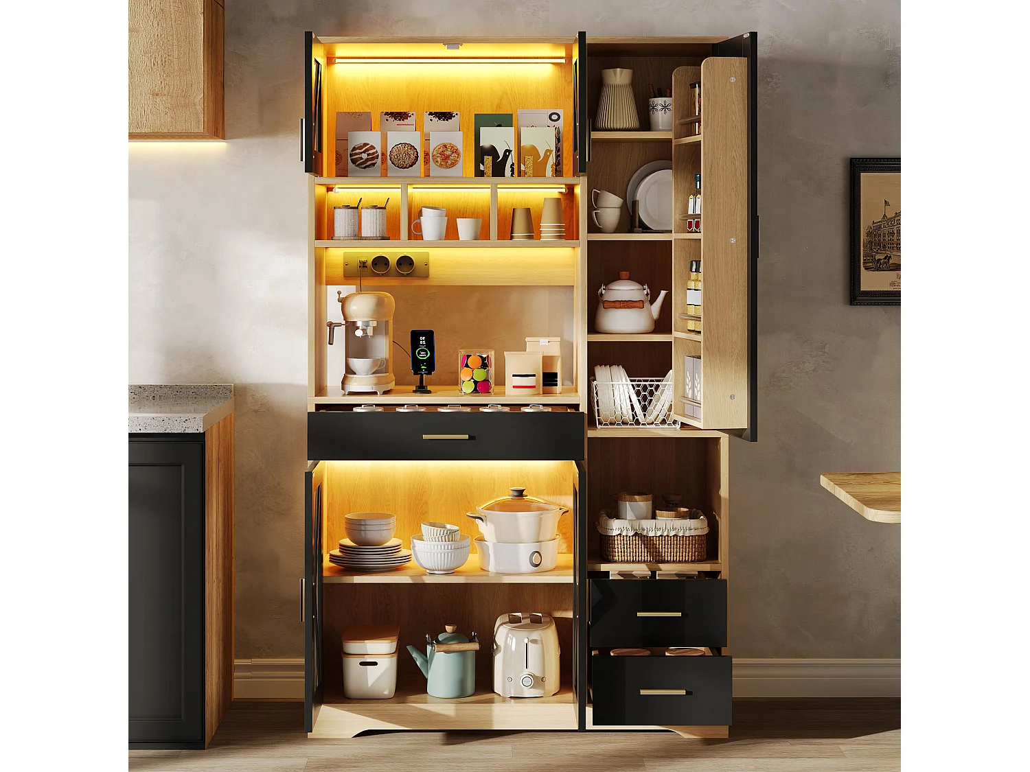 Buffet de cuisine hayt de style grange - 105 x 40 x 185 cm - avec étagères + tiroirs + Leds + portes - MDF - noir + naturel