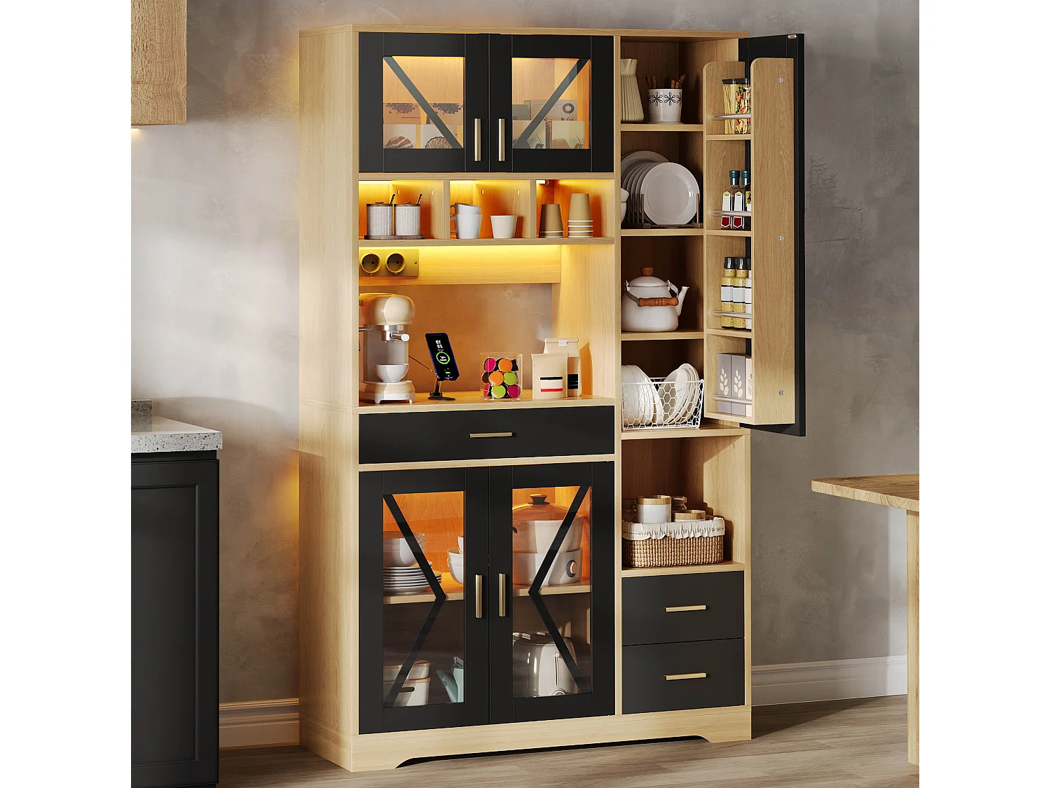 Buffet de cuisine hayt de style grange - 105 x 40 x 185 cm - avec étagères + tiroirs + Leds + portes - MDF - noir + naturel