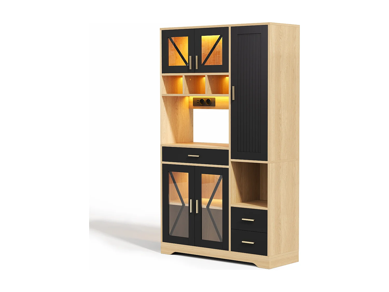 Buffet de cuisine hayt de style grange - 105 x 40 x 185 cm - avec étagères + tiroirs + Leds + portes - MDF - noir + naturel