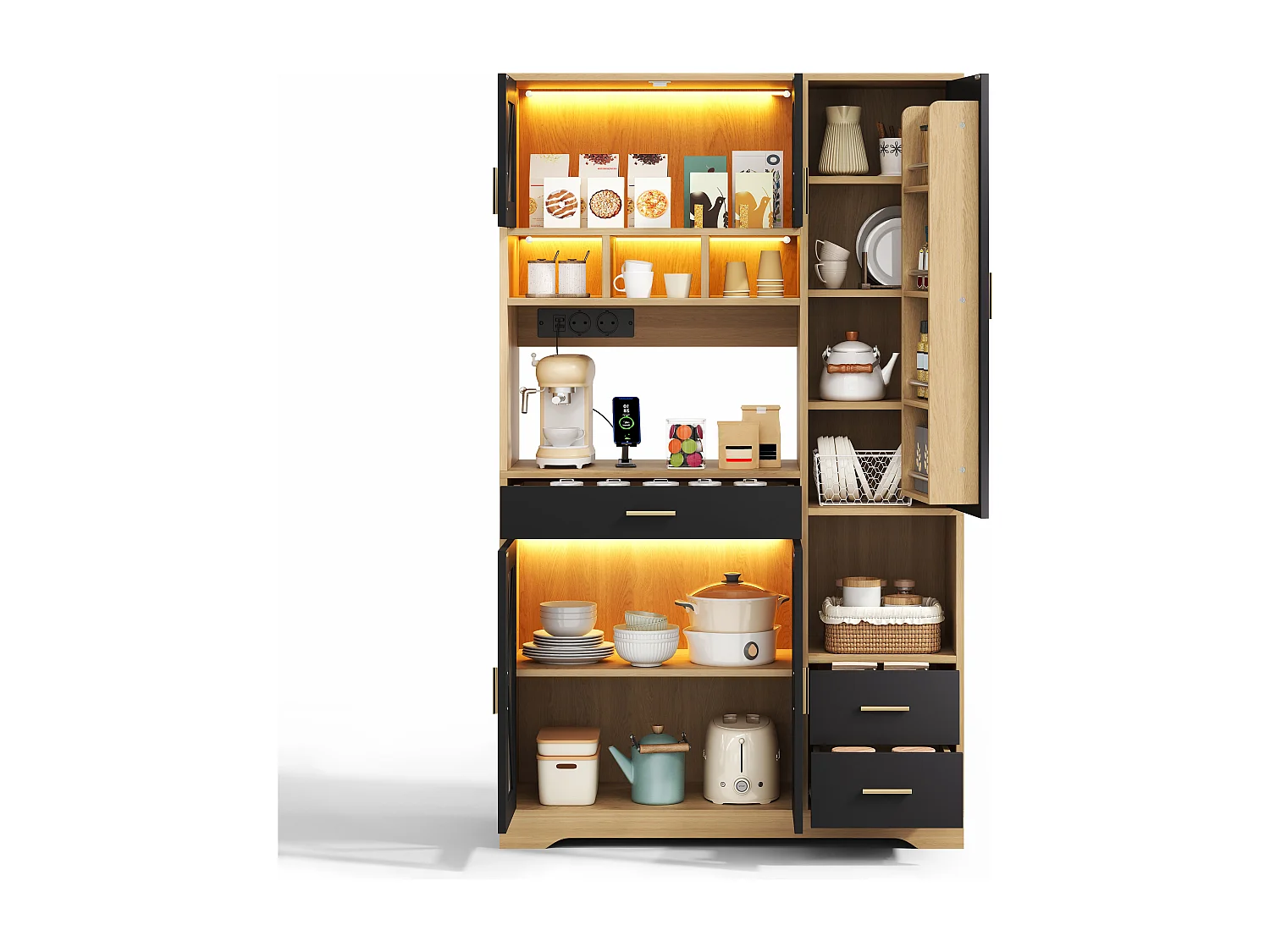 Buffet de cuisine hayt de style grange - 105 x 40 x 185 cm - avec étagères + tiroirs + Leds + portes - MDF - noir + naturel