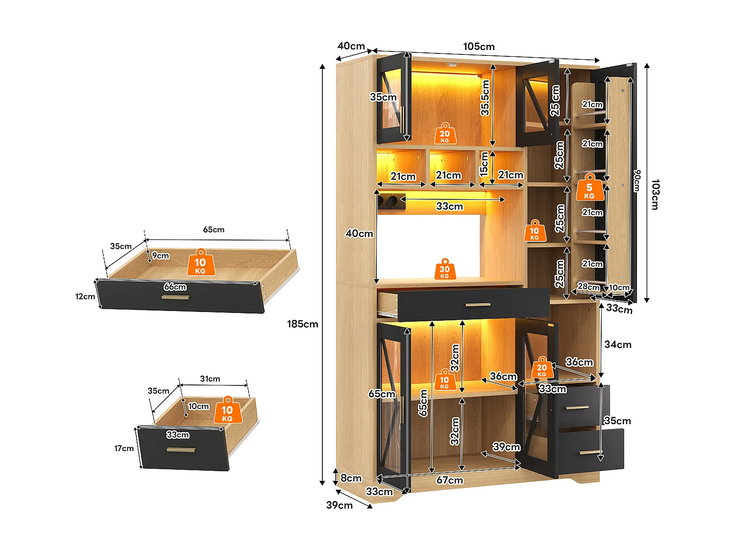 Buffet de cuisine hayt de style grange - 105 x 40 x 185 cm - avec étagères + tiroirs + Leds + portes - MDF - noir + naturel