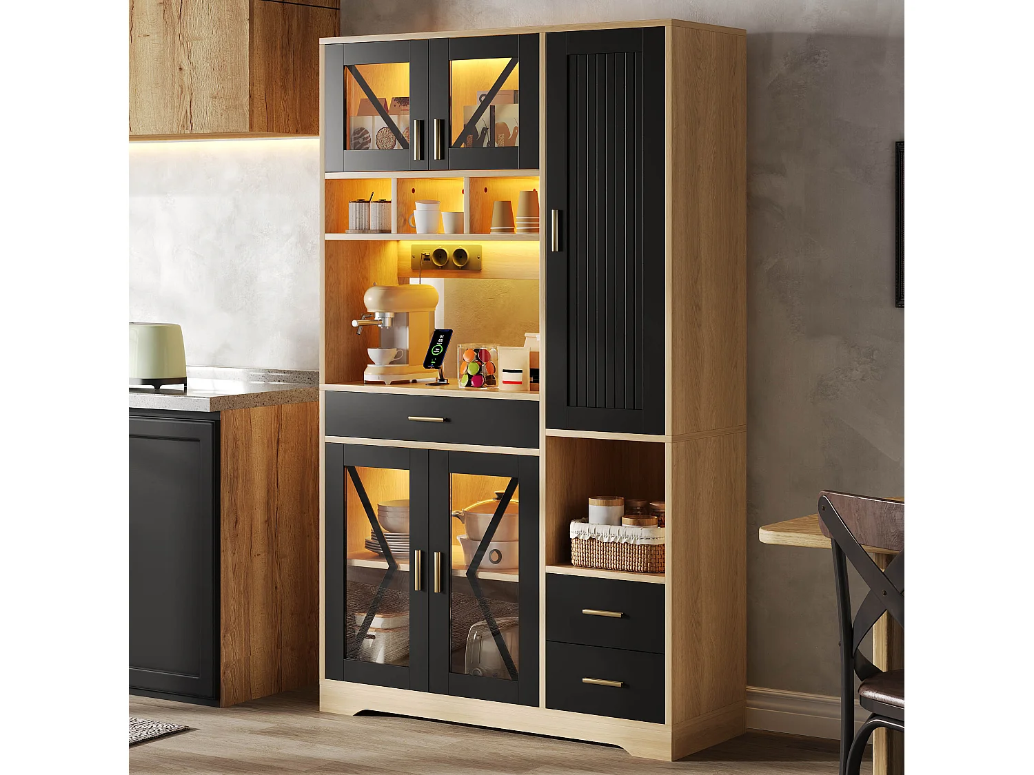 Buffet de cuisine hayt de style grange - 105 x 40 x 185 cm - avec étagères + tiroirs + Leds + portes - MDF - noir + naturel