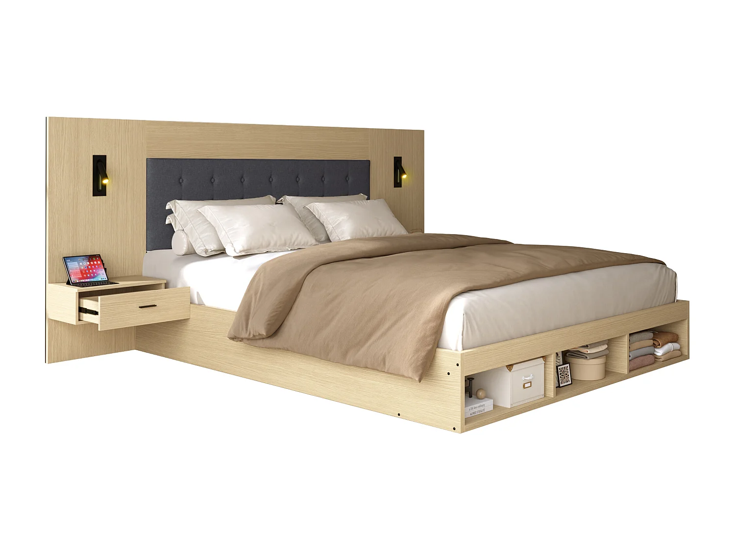 Tweepersoonsbed met opbergruimte - 180 x 200 cm - met USB- en Type-C-aansluitingen + leeslamp + 2 nachtkastjes - MDF - naturel