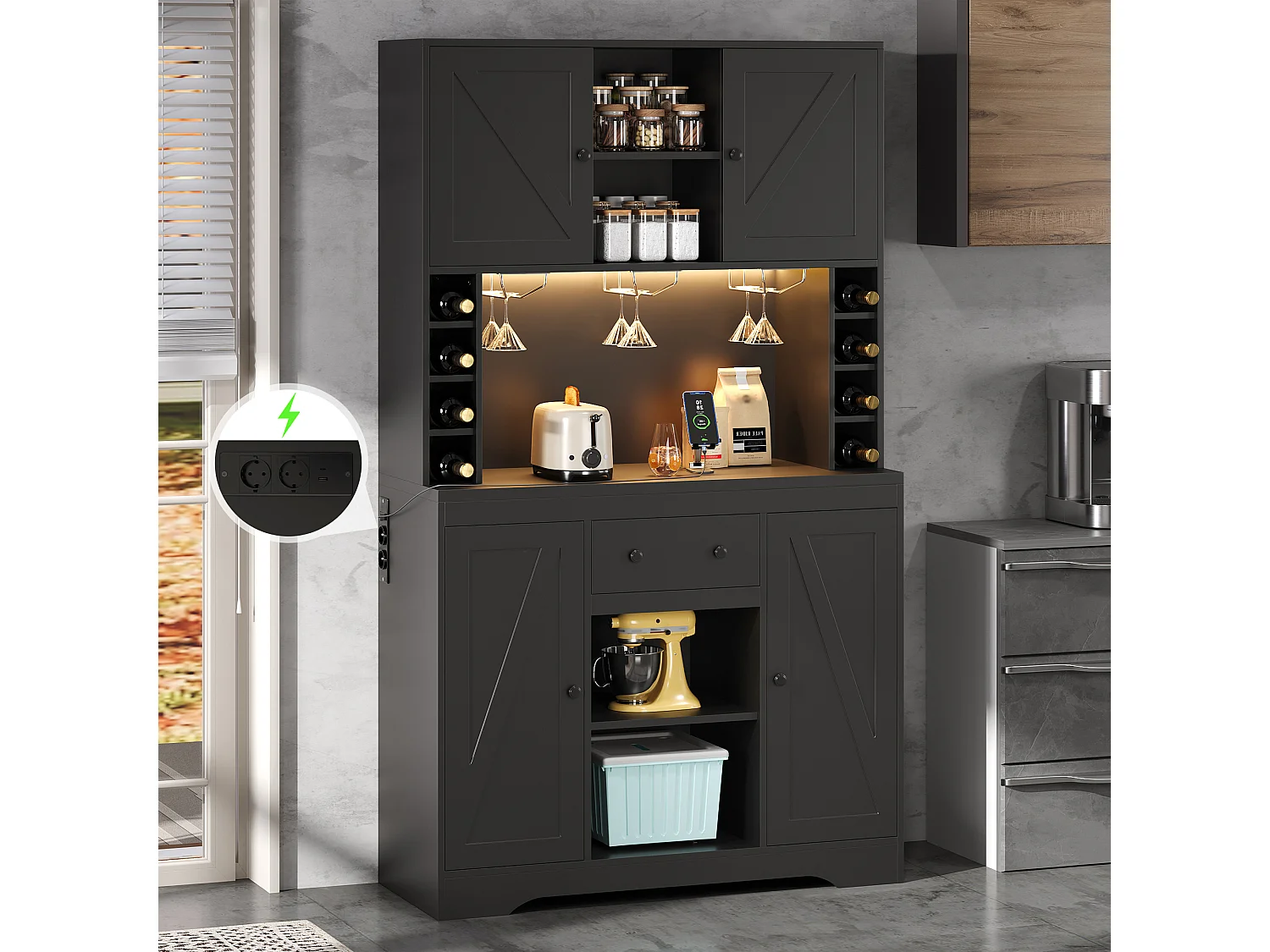 Buffet haut de cuisine moderne - 105 x 40 x 180 cm - avec étagères + tiroir + Leds + 4 portes - MDF - noir