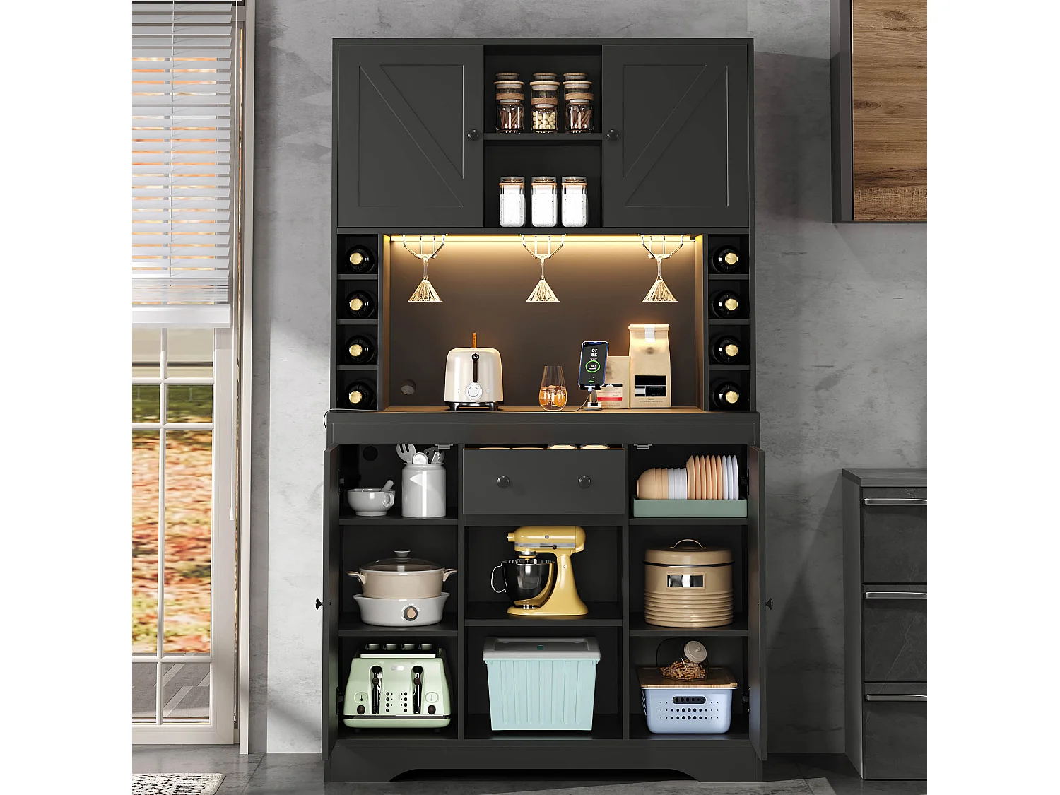 Buffet haut de cuisine moderne - 105 x 40 x 180 cm - avec étagères + tiroir + Leds + 4 portes - MDF - noir