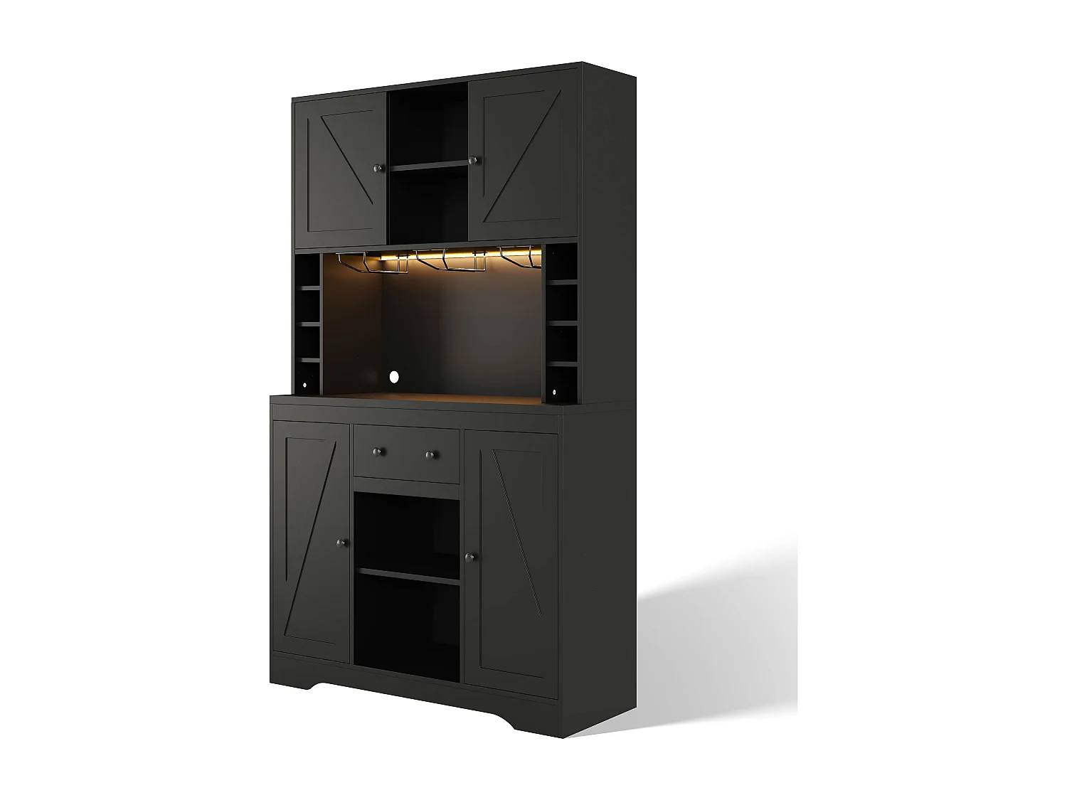 Buffet haut de cuisine moderne - 105 x 40 x 180 cm - avec étagères + tiroir + Leds + 4 portes - MDF - noir