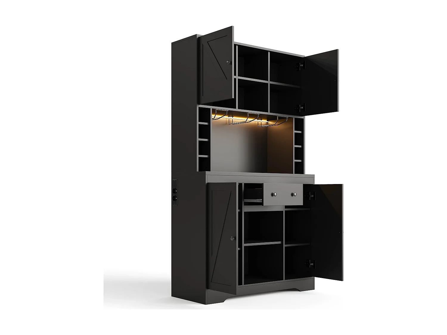 Buffet haut de cuisine moderne - 105 x 40 x 180 cm - avec étagères + tiroir + Leds + 4 portes - MDF - noir