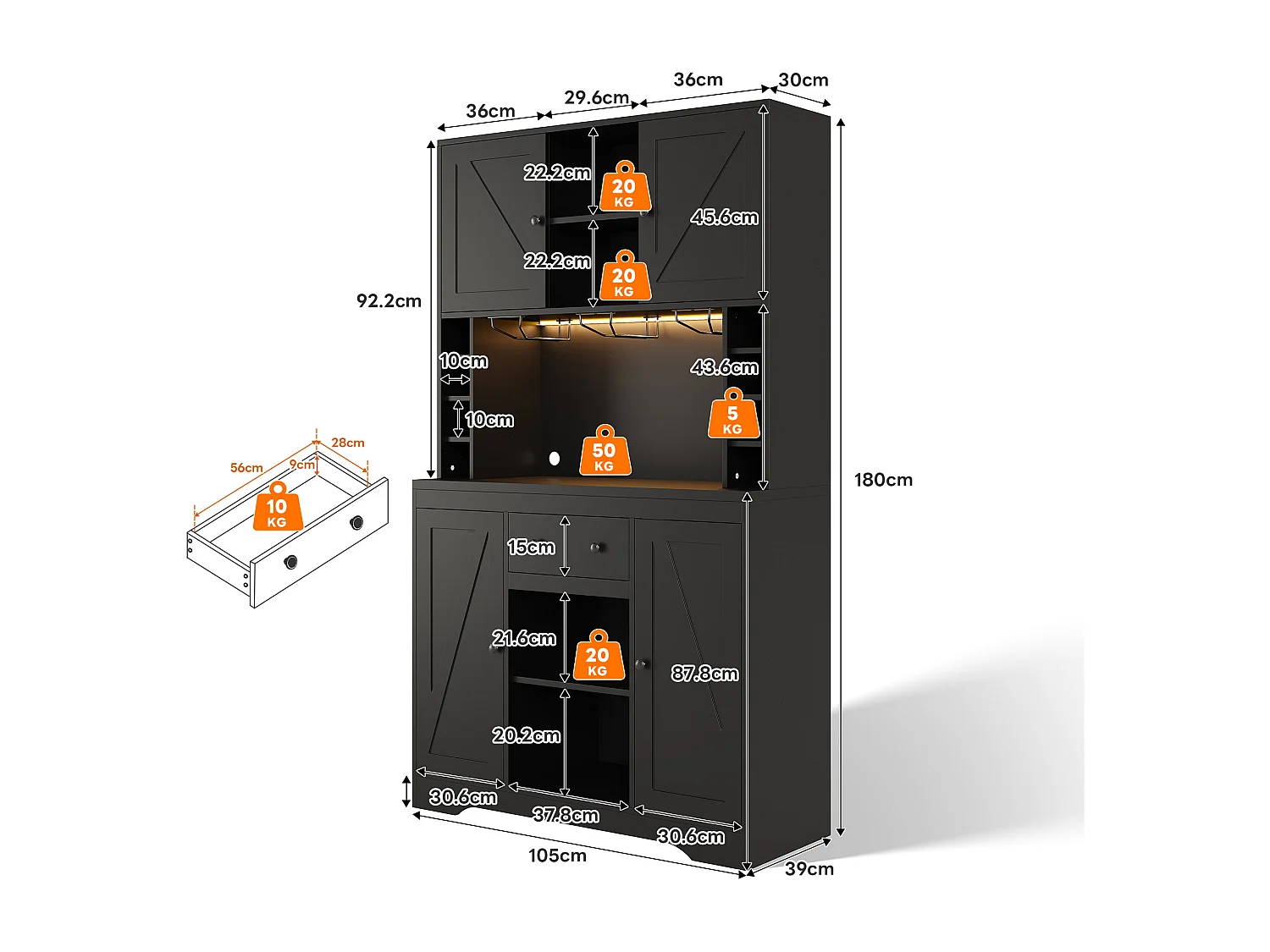 Buffet haut de cuisine moderne - 105 x 40 x 180 cm - avec étagères + tiroir + Leds + 4 portes - MDF - noir
