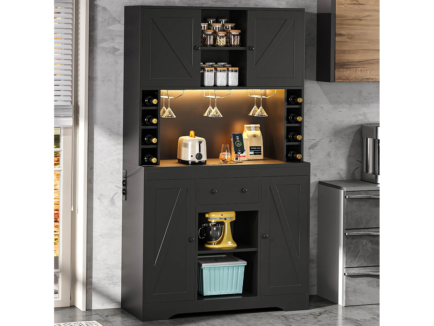 Buffet haut de cuisine moderne - 105 x 40 x 180 cm - avec étagères + tiroir + Leds + 4 portes - MDF - noir