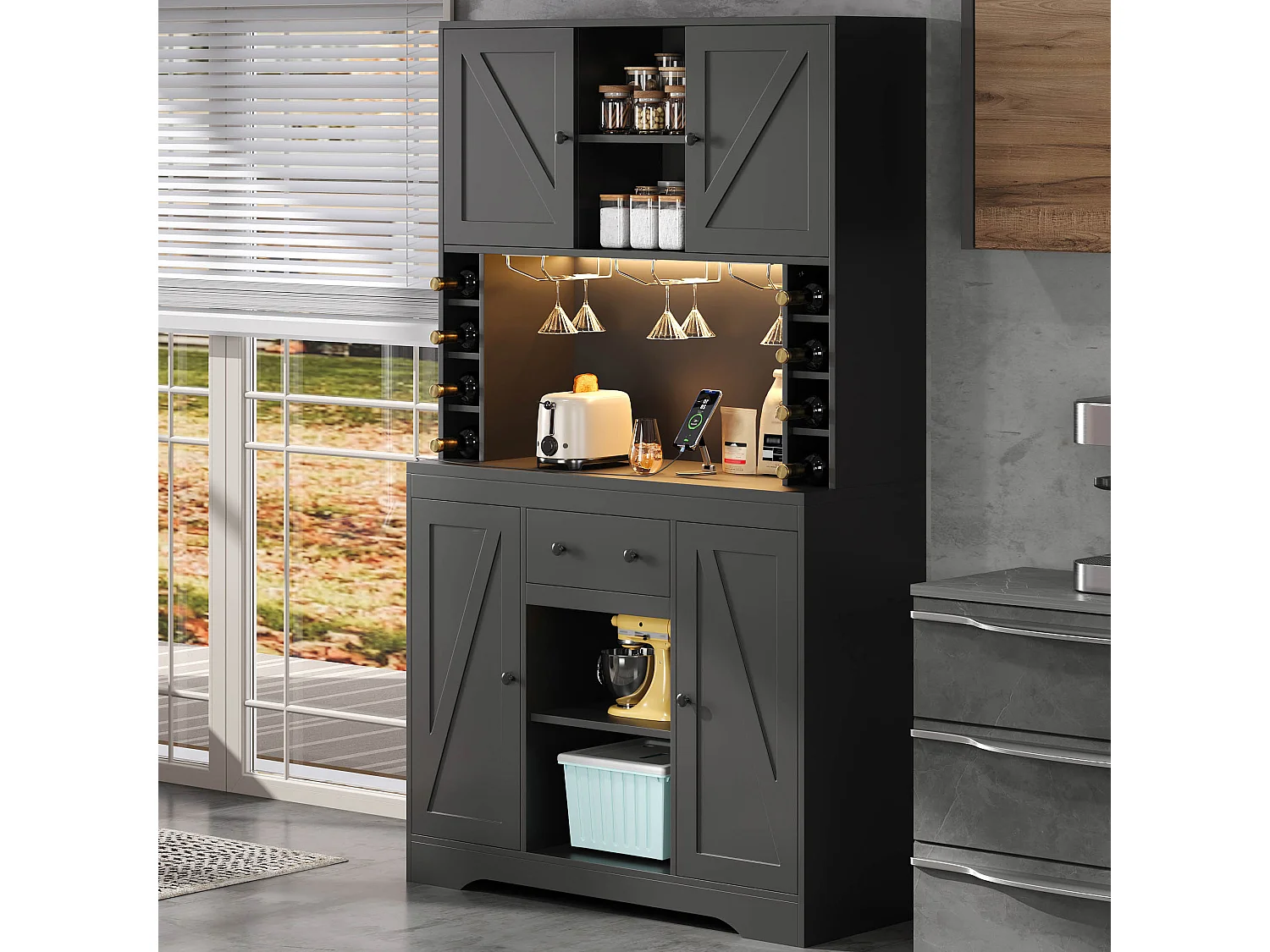 Buffet haut de cuisine moderne - 105 x 40 x 180 cm - avec étagères + tiroir + Leds + 4 portes - MDF - noir