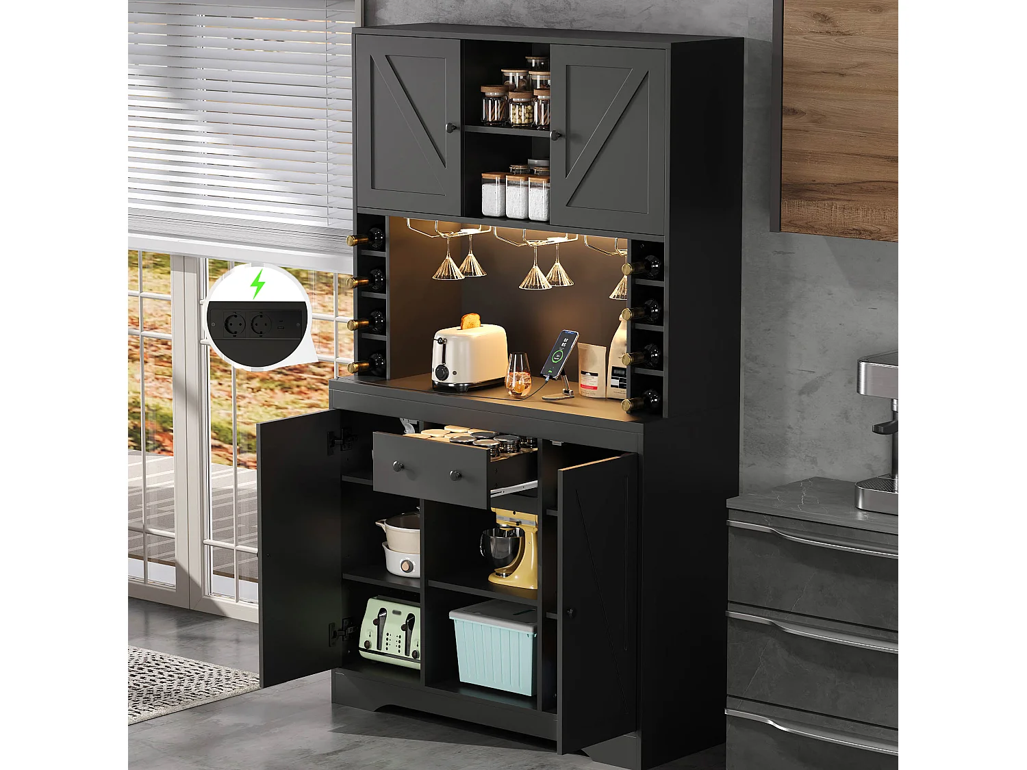 Buffet haut de cuisine moderne - 105 x 40 x 180 cm - avec étagères + tiroir + Leds + 4 portes - MDF - noir