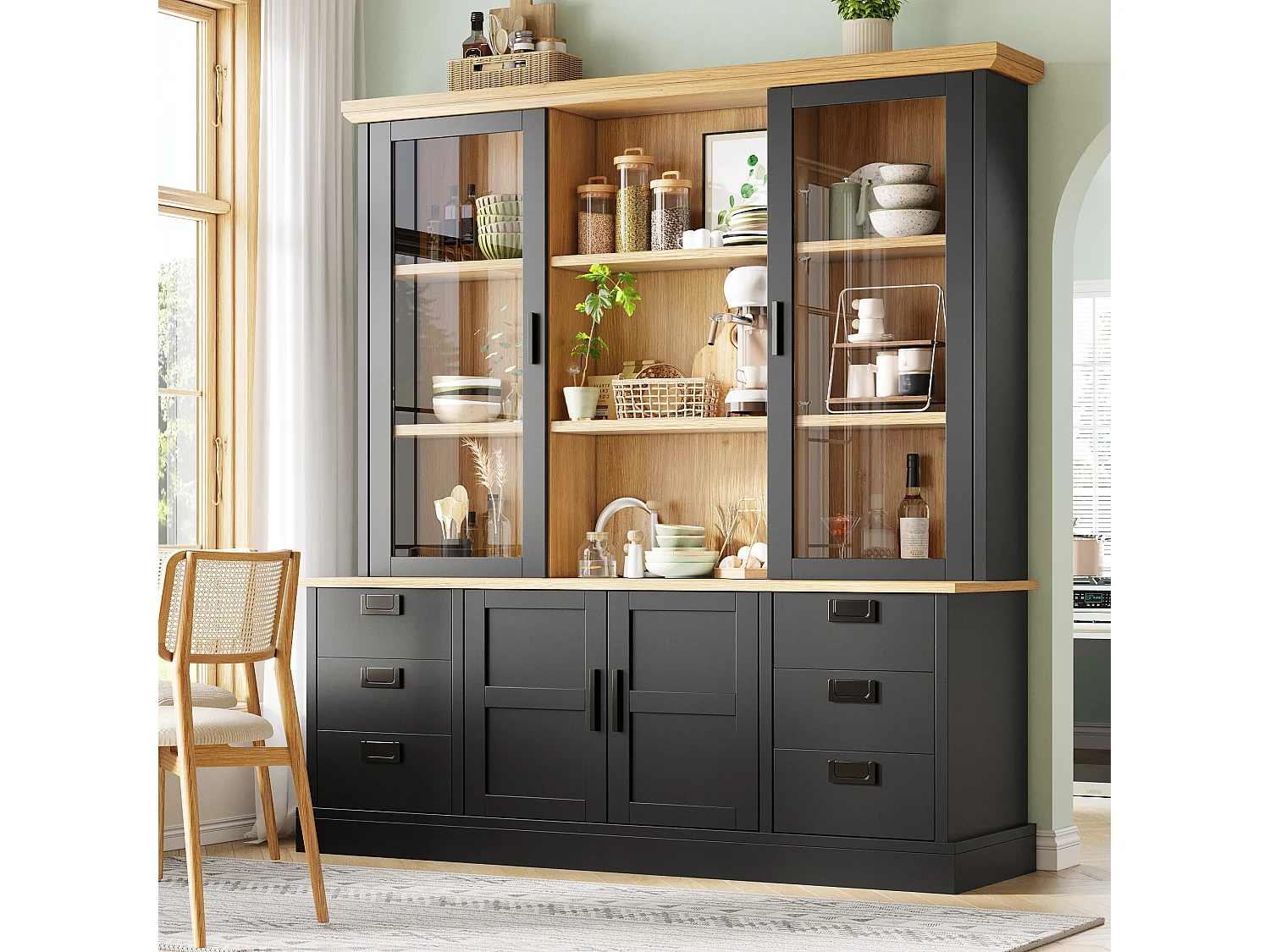 Buffet de cuisine haute - 140 x 40 x 185 cm - avec 6 tiroirs + portes vitrées + étagères - MDF - noir