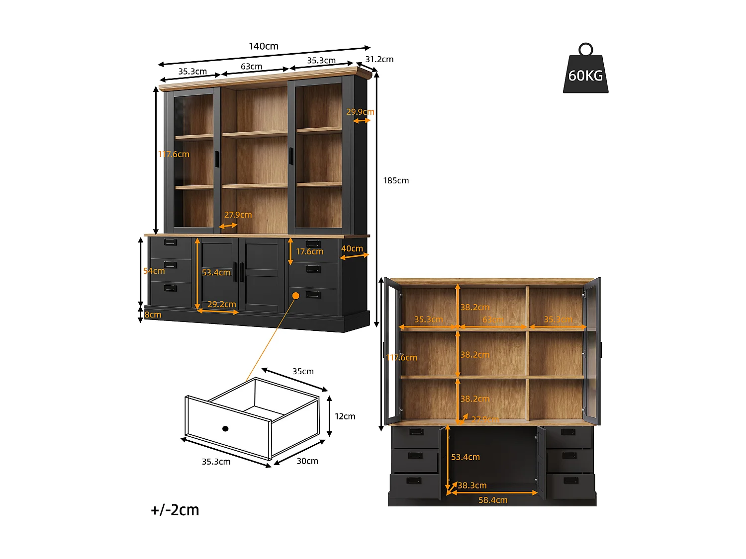 Buffet de cuisine haute - 140 x 40 x 185 cm - avec 6 tiroirs + portes vitrées + étagères - MDF - noir