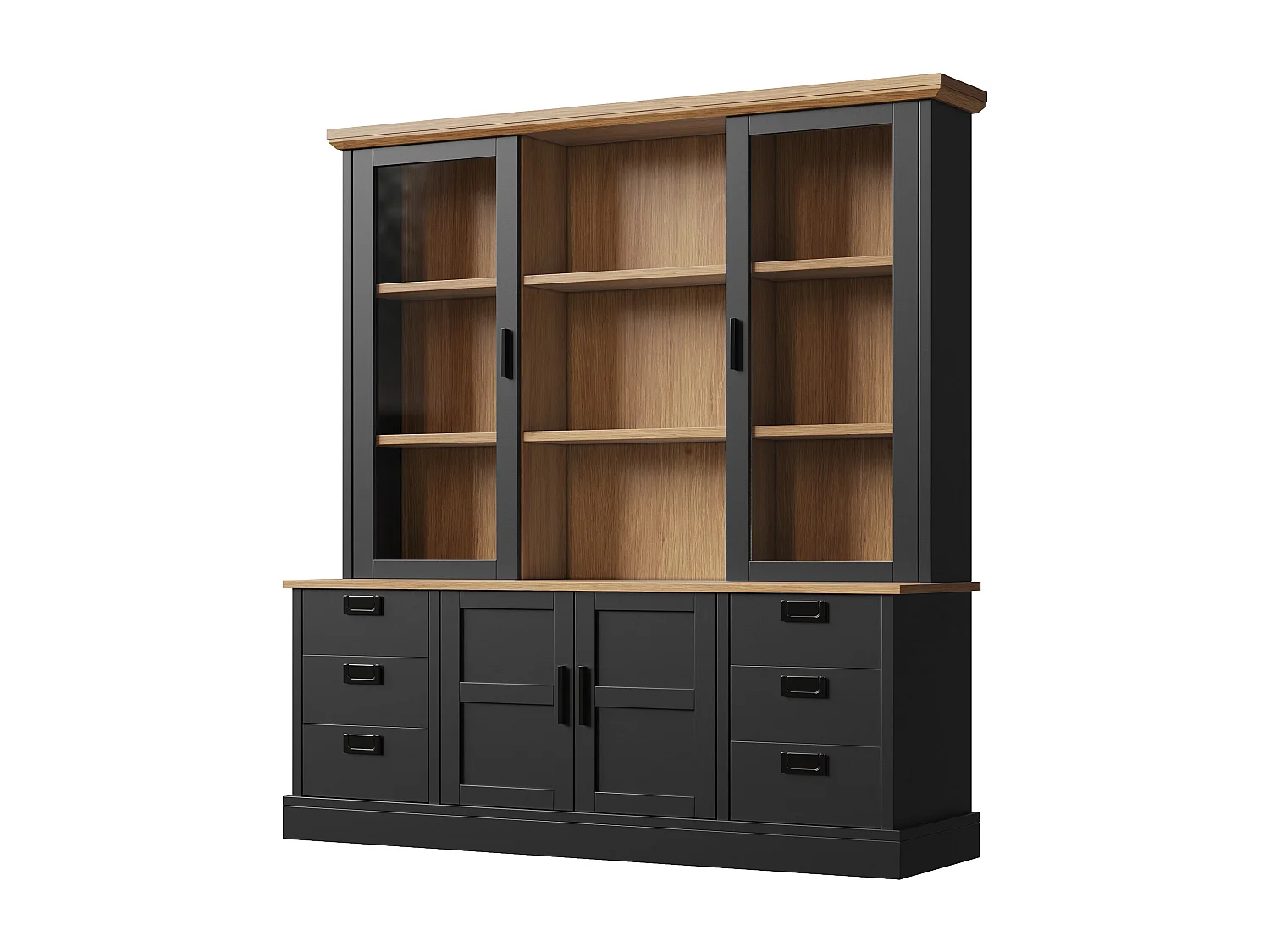 Buffet de cuisine haute - 140 x 40 x 185 cm - avec 6 tiroirs + portes vitrées + étagères - MDF - noir