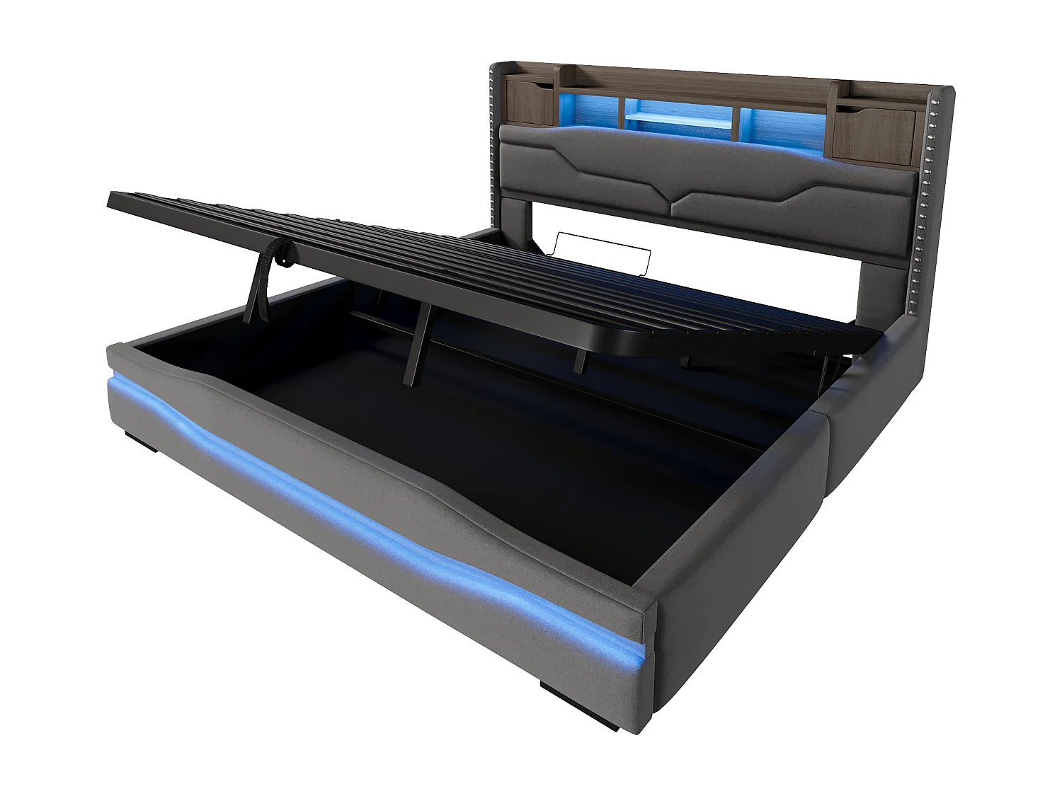 Lit coffre rembourré - 180 x 200cm - avec USB-C + Leds - tête de lit avec rangements - lin + MDF - gris