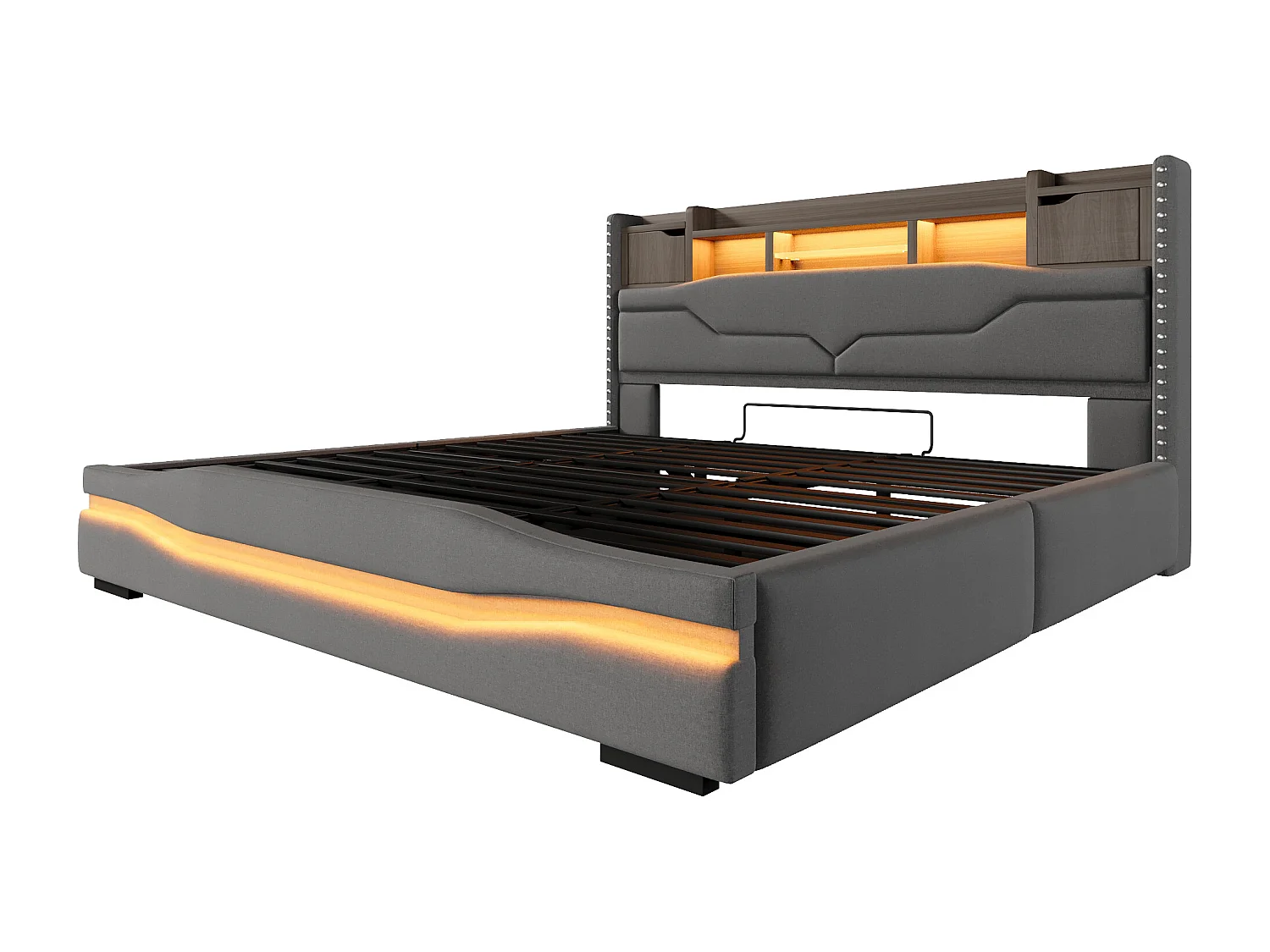 Lit coffre rembourré - 180 x 200cm - avec USB-C + Leds - tête de lit avec rangements - lin + MDF - gris