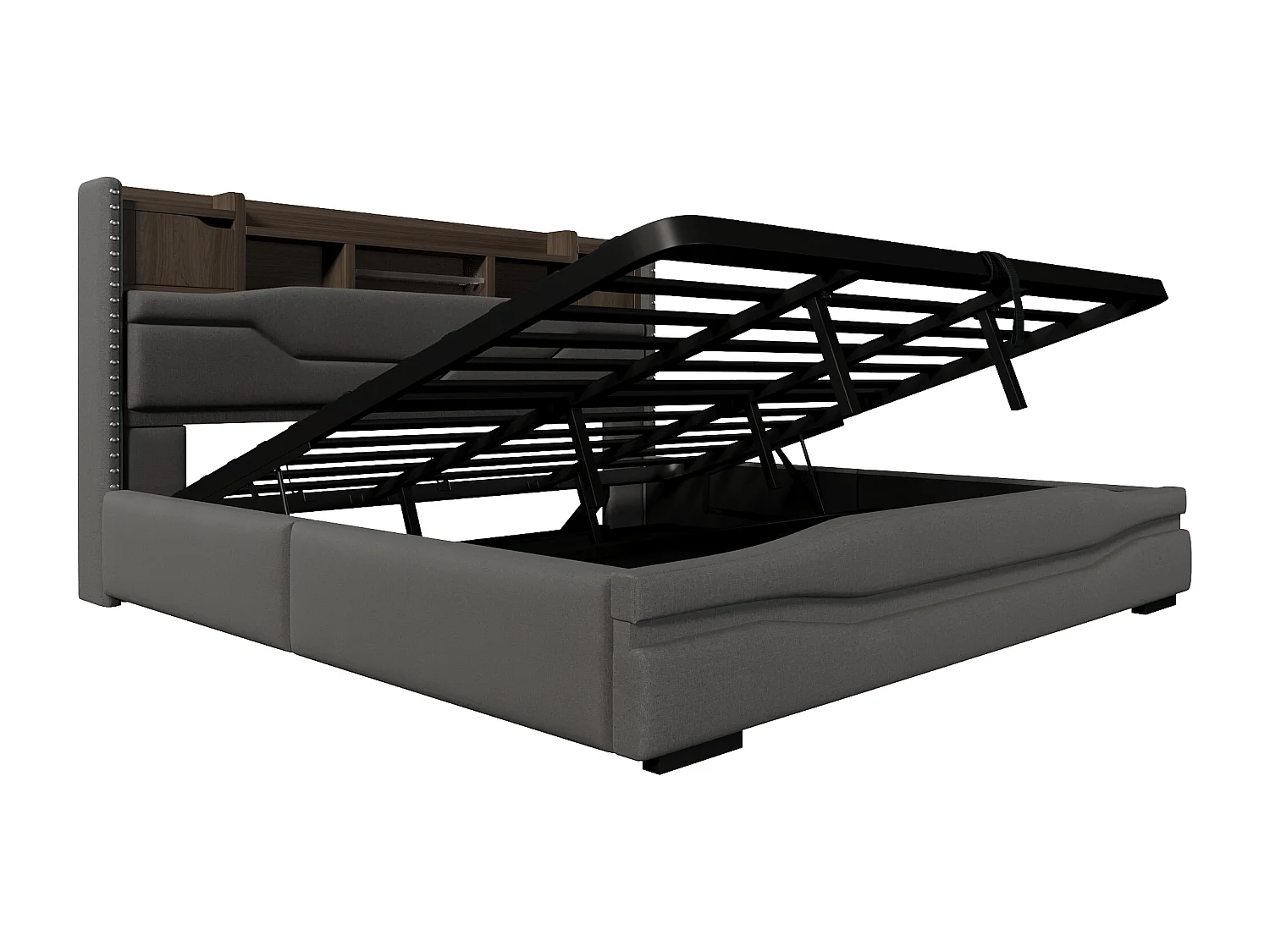 Lit coffre rembourré - 180 x 200cm - avec USB-C + Leds - tête de lit avec rangements - lin + MDF - gris