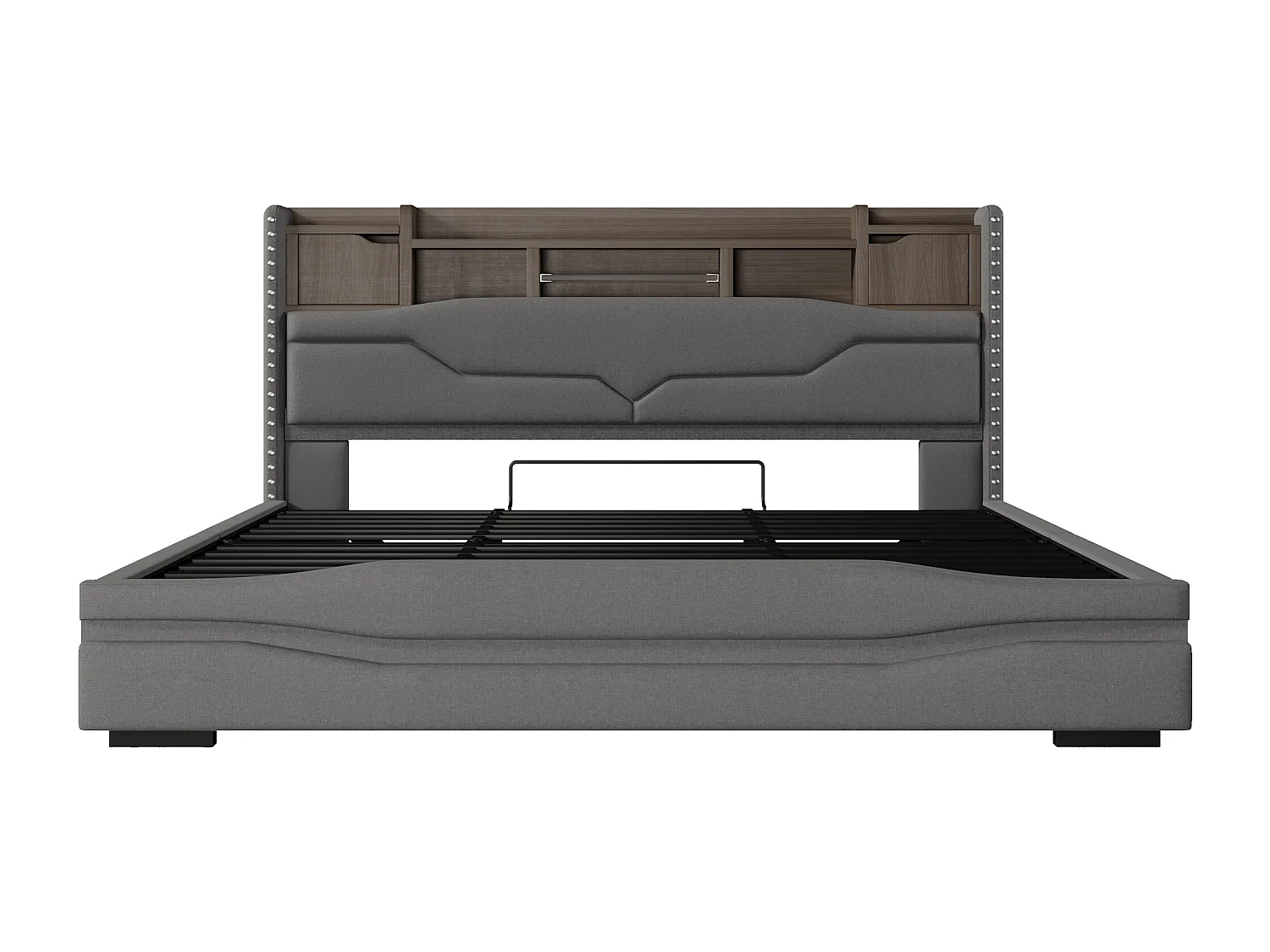 Lit coffre rembourré - 180 x 200cm - avec USB-C + Leds - tête de lit avec rangements - lin + MDF - gris