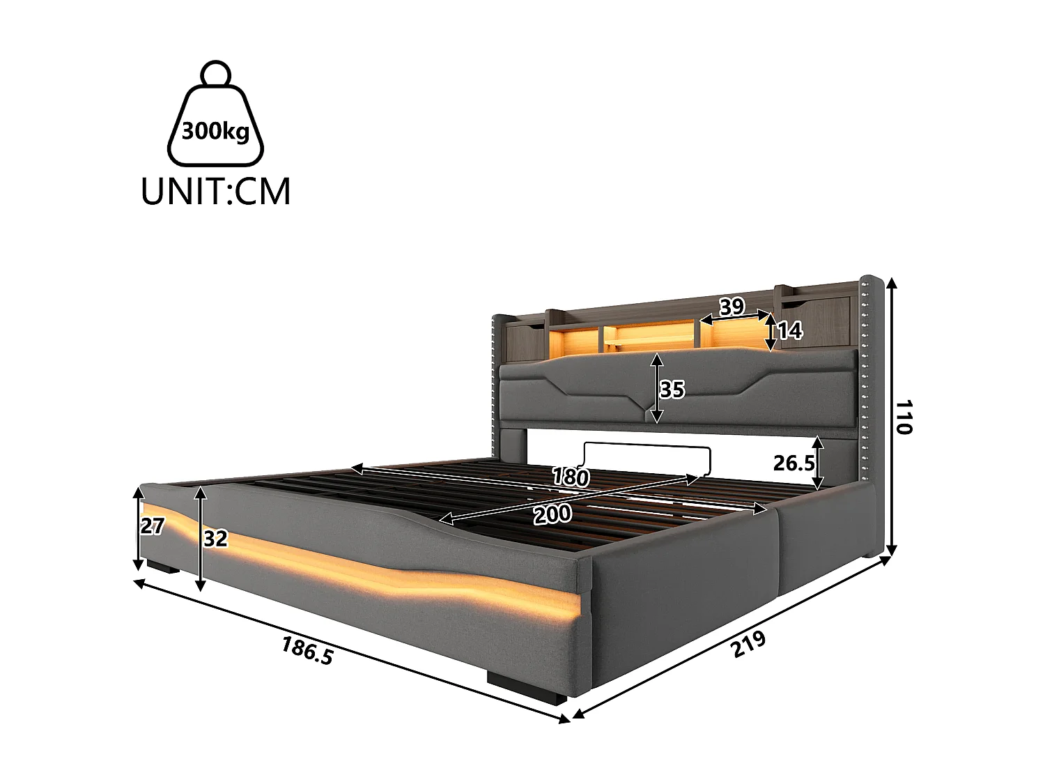 Lit coffre rembourré - 180 x 200cm - avec USB-C + Leds - tête de lit avec rangements - lin + MDF - gris